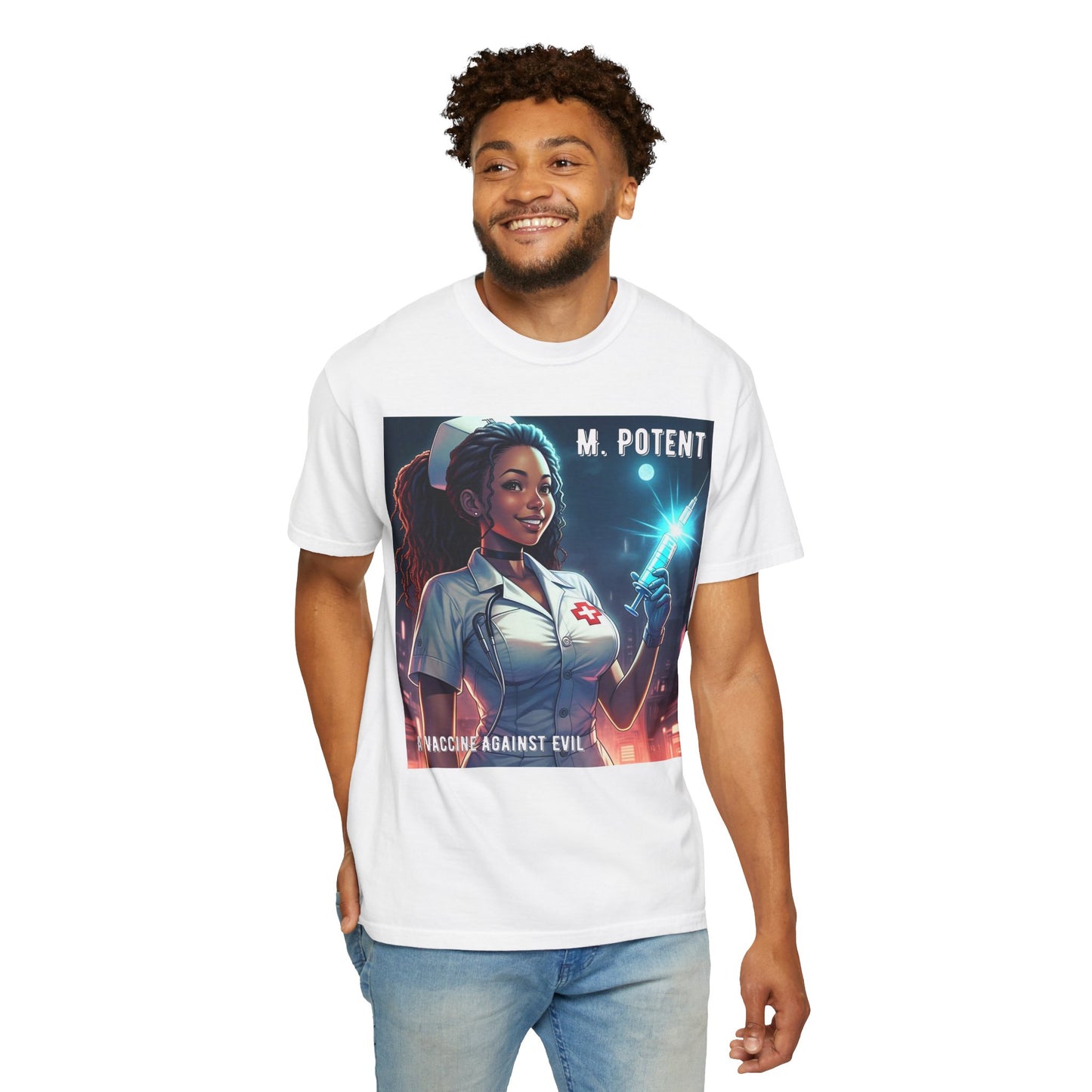 M. Potent's 'A Vaccine Against Evil', Medicine-Themed Unisex T-Shirt, Positive Vibes, Great for Nurses, Vaccination Awareness, Gift for Healthcare Workers
