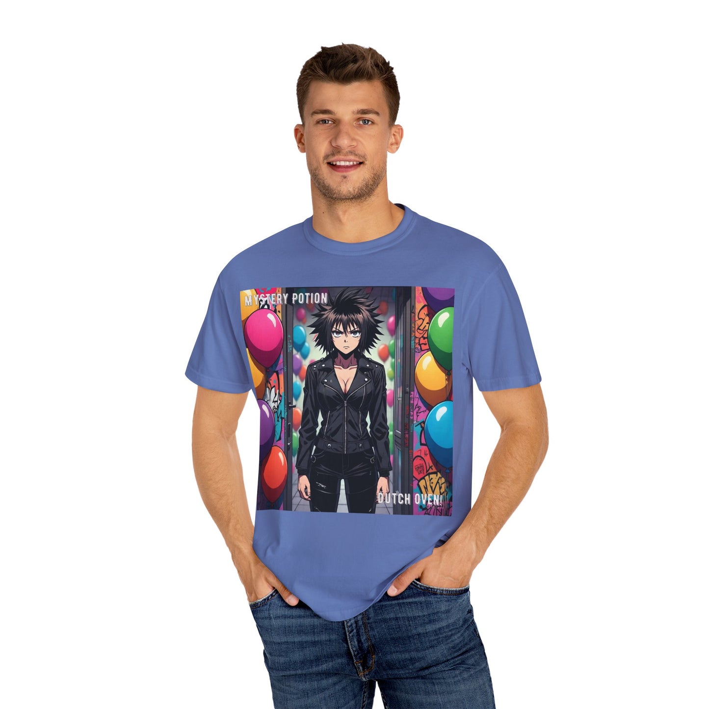 Mystery Potion's 'Dutch Oven', Whimsical Grabber Style Anime Graphic T-shirt featuring Bold Art, Anime Style Tee, Unisex Casual Wear, Gift for Friends, Trendy Statement Shirt