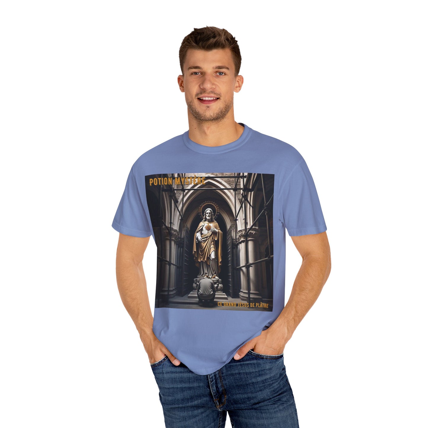 Mystical Potion Jesus Statue T-Shirt - Unisex, Relaxed Fit, Perfect for Festivals, Gifts, Everyday Wear, Unique Art Design