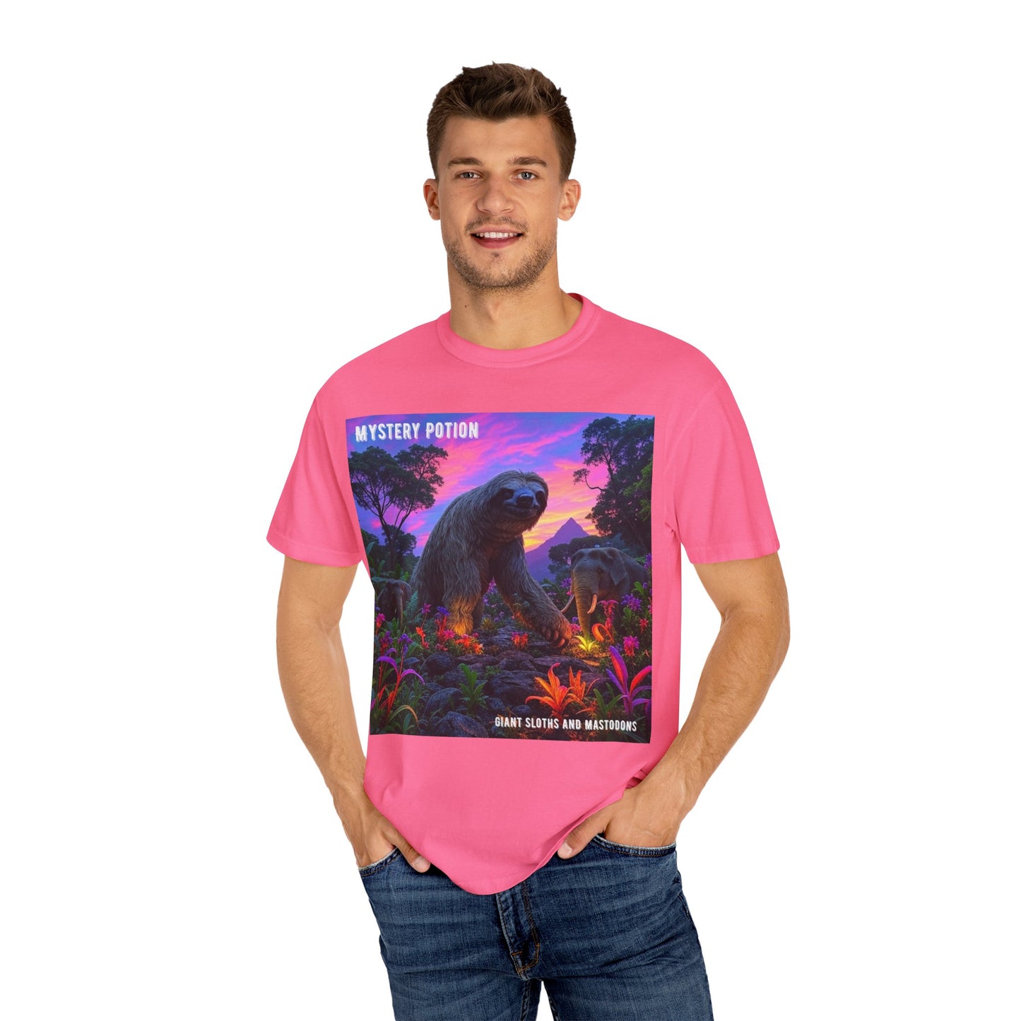 Mystery Potion's Giant Sloths and Mastodons Graphic T-Shirt | Unisex Garment-Dyed Tee for Nature Lovers, Unique Gift, Festival Wear, Prehistoric Design