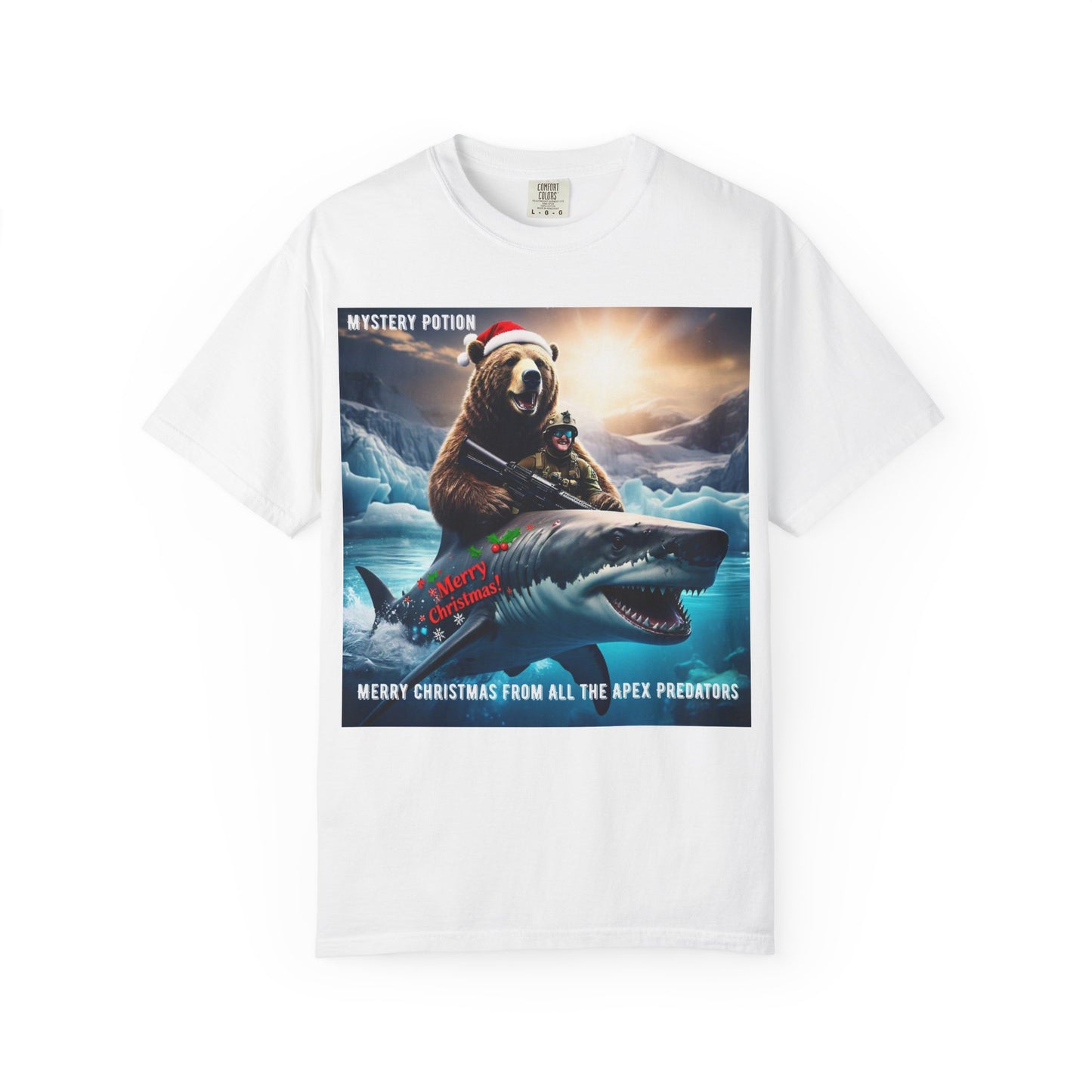X-mas Humor T-Shirt "Merry Christmas from All the Apex Predators", Unisex Garment-Dyed Tee, Funny Holiday Shirt, Gift for Friends, Outdoor Adventure Wear, Novelty Apparel