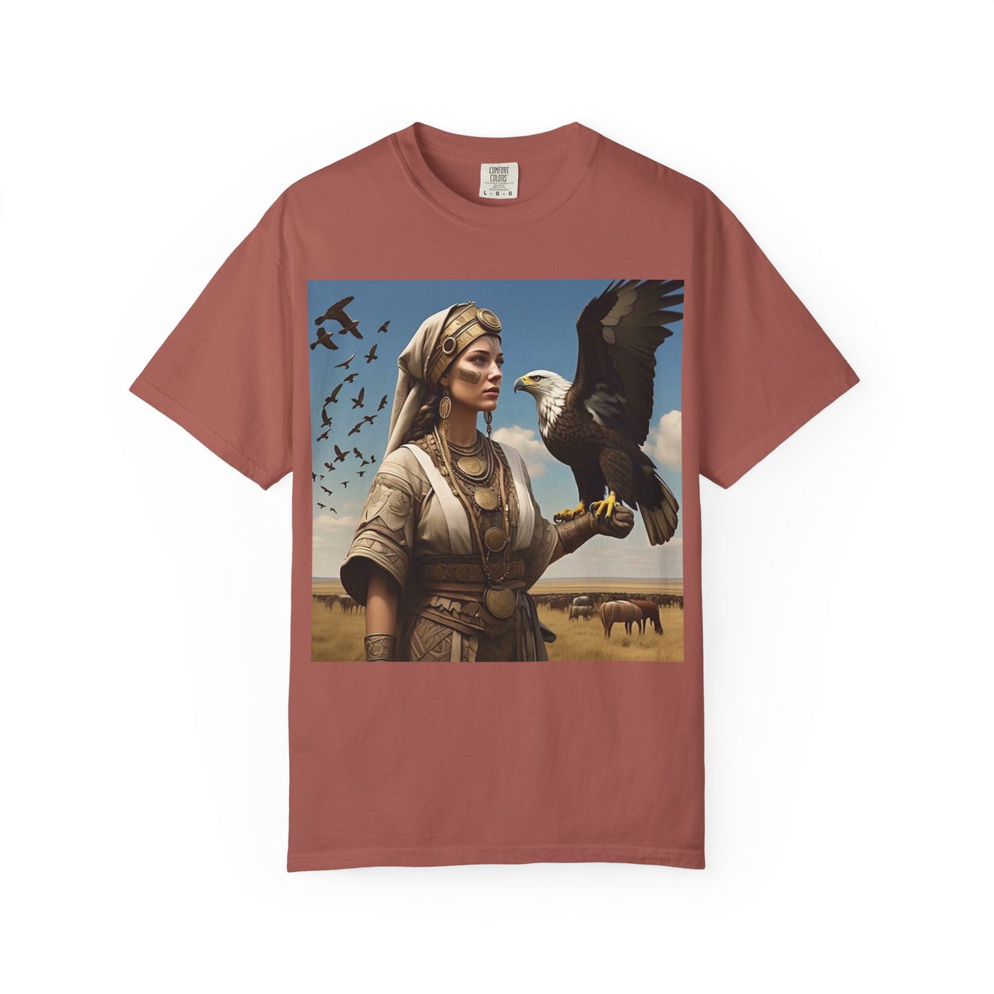 Empowered Eagle and Scythian Woman T-Shirt, Unisex Garment-Dyed Tee, Nature Lover Shirt, Gift for Bird Enthusiasts, Unique Graphic Tee
