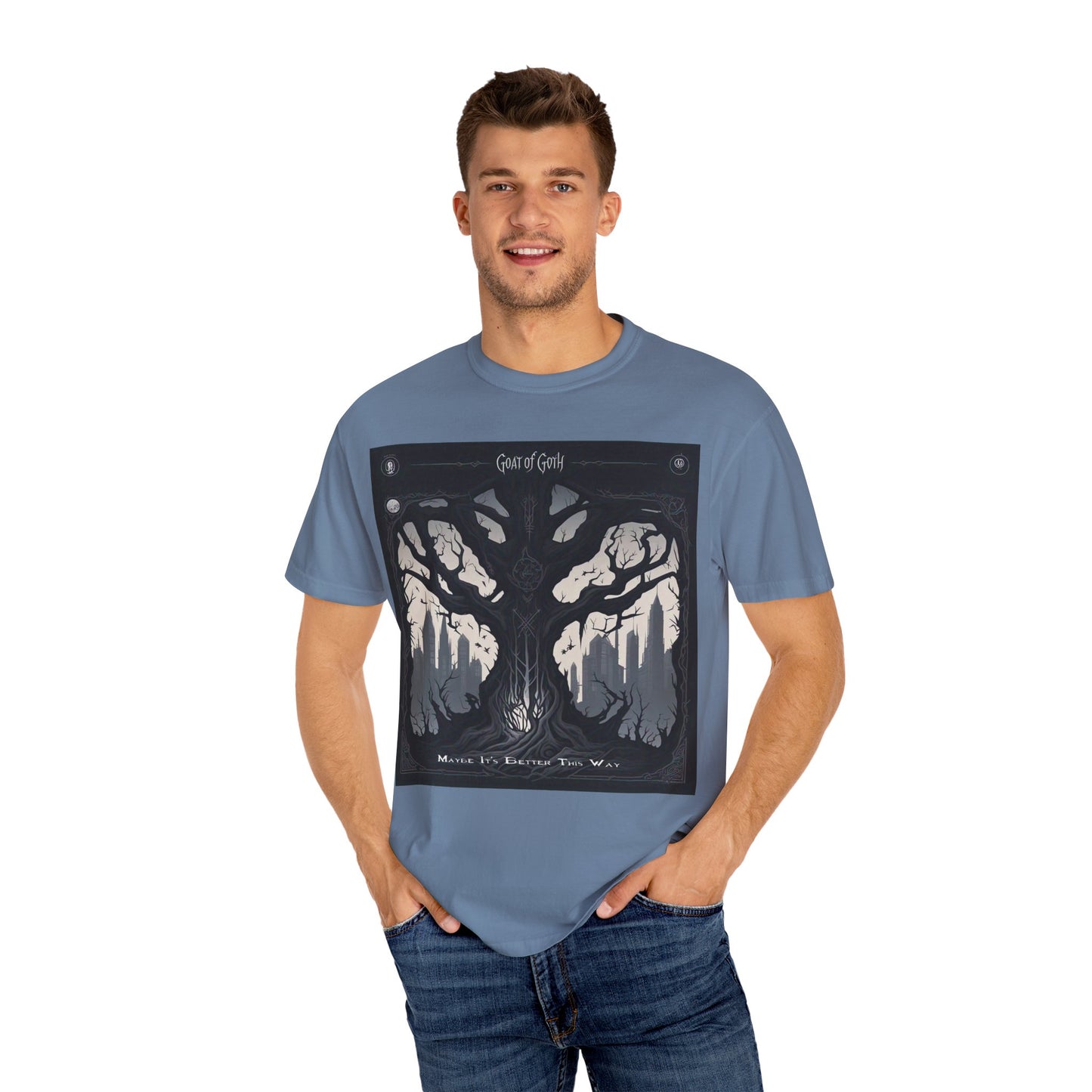 Gothic Tree T-Shirt, GOAT of Goth Unisex Cotton Tee for Nature Lovers, Unique Graphic Tee, Perfect for Festivals, Gift for Adventurers, Eco-Friendly Wear