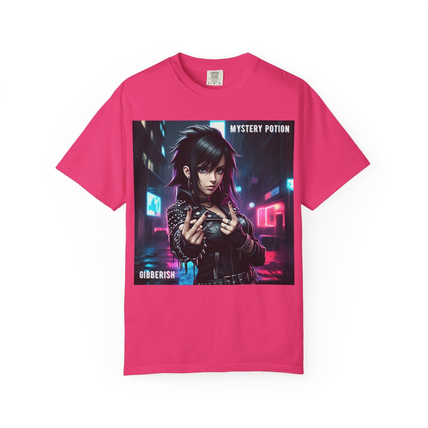 'Gibberish' by Mystery Potion, Cyberpunk Manga Graphic T-Shirt, Edgy Streetwear, Unisex Tee, Vintage Look, Gaming Style, Art Lover Gift