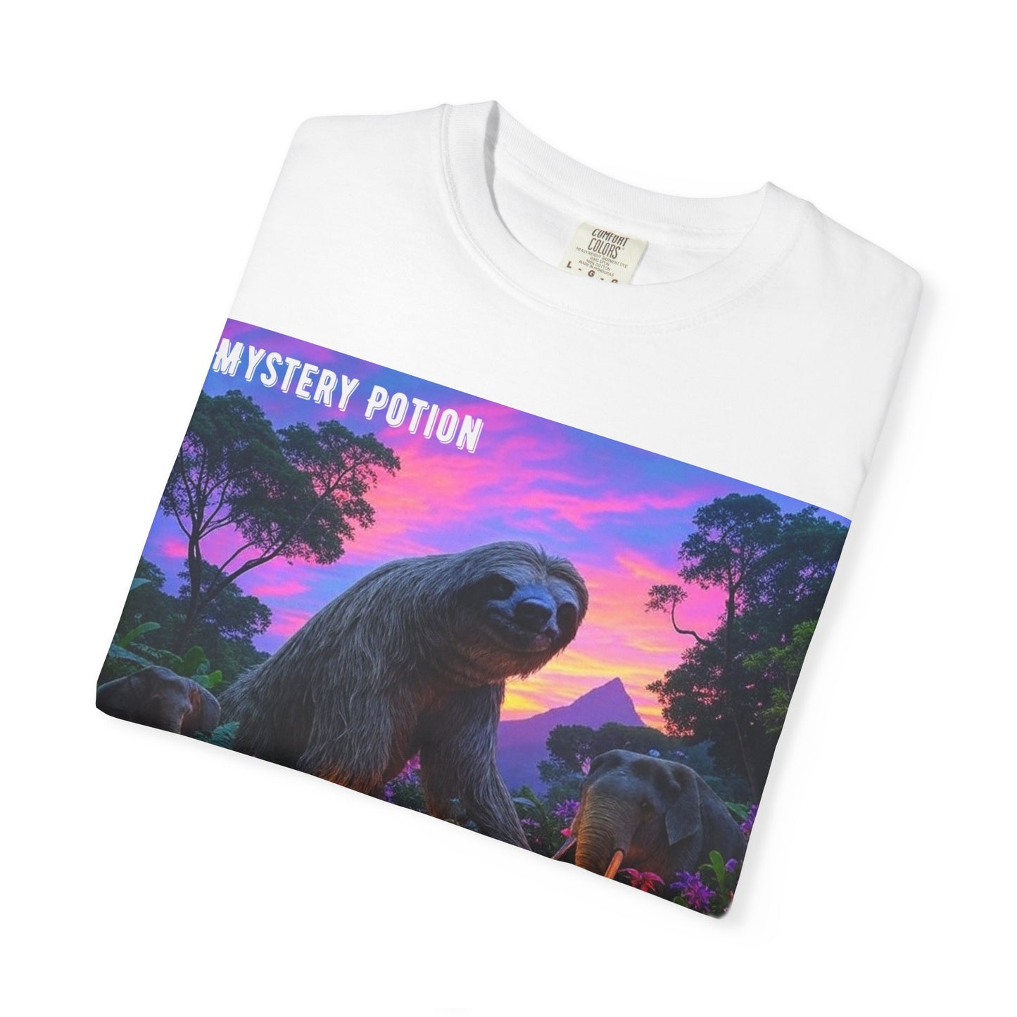 Mystery Potion's Giant Sloths and Mastodons Graphic T-Shirt | Unisex Garment-Dyed Tee for Nature Lovers, Unique Gift, Festival Wear, Prehistoric Design