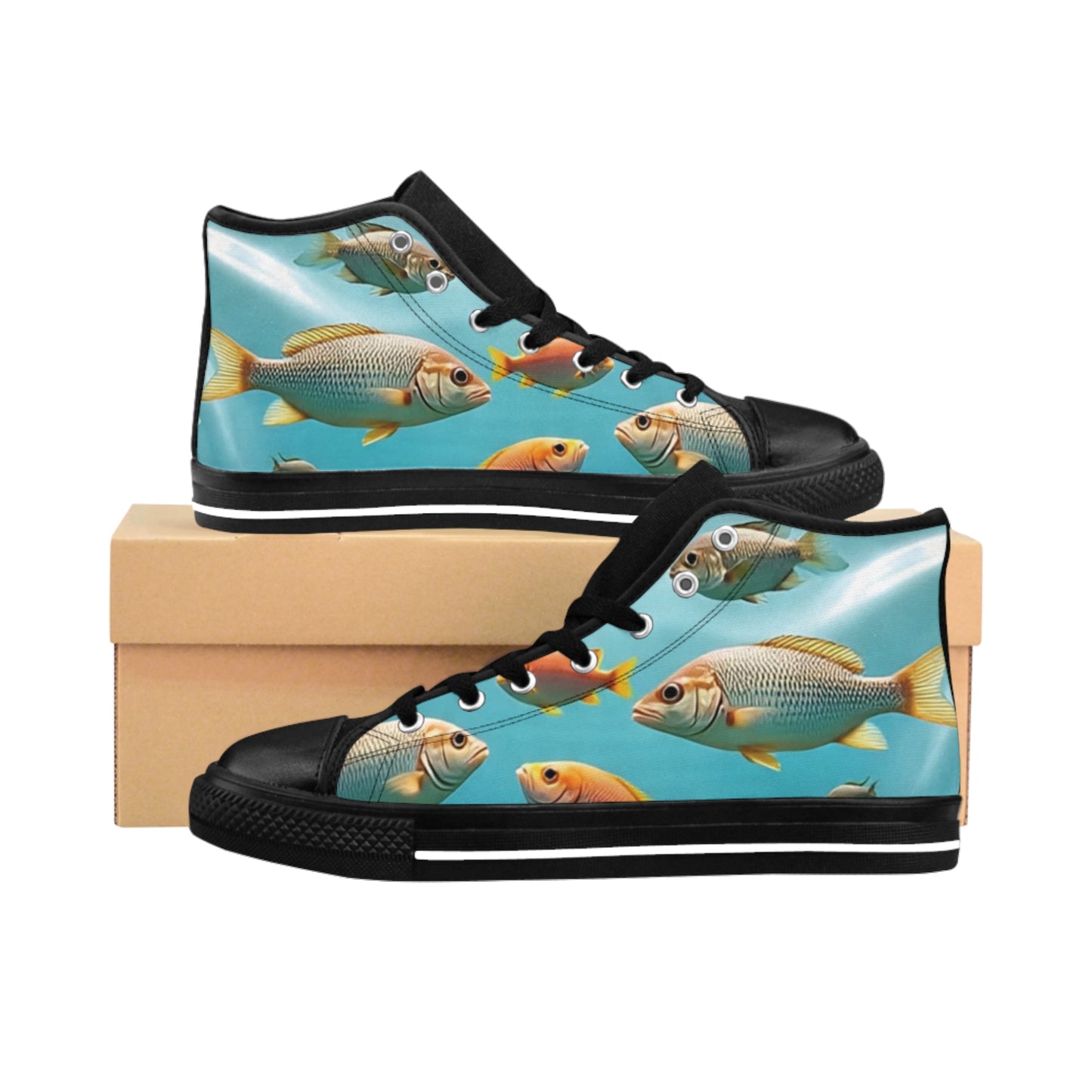 Fishies In A Baggy Women's High-Top Sneakers, Unique Fish Art Shoes, Trendy Walking Sneakers, Custom Graphic Fish Print Sneakers, Fish Lover Footwear