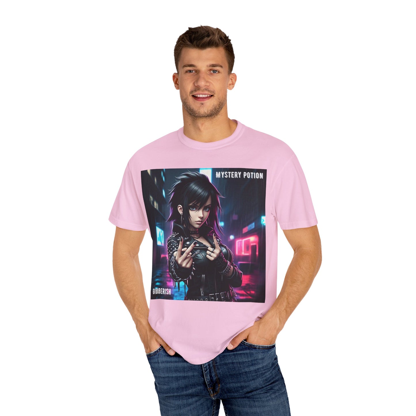 'Gibberish' by Mystery Potion, Cyberpunk Manga Graphic T-Shirt, Edgy Streetwear, Unisex Tee, Vintage Look, Gaming Style, Art Lover Gift