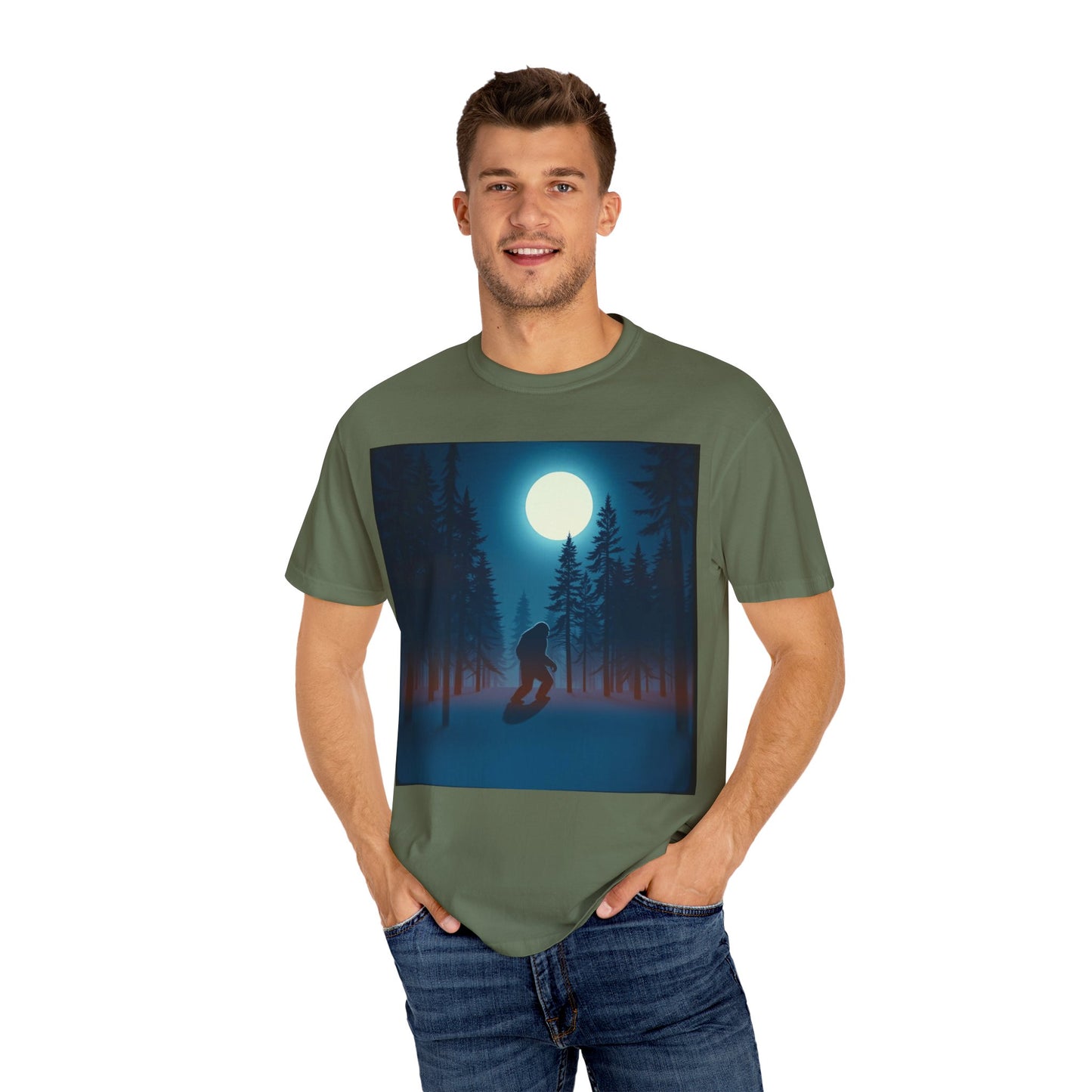 Moonlit Forest Snowboarder T-Shirt, Cozy Adventure Tee, Winter Sports Gift, Unisex Apparel, Outdoor Vibes