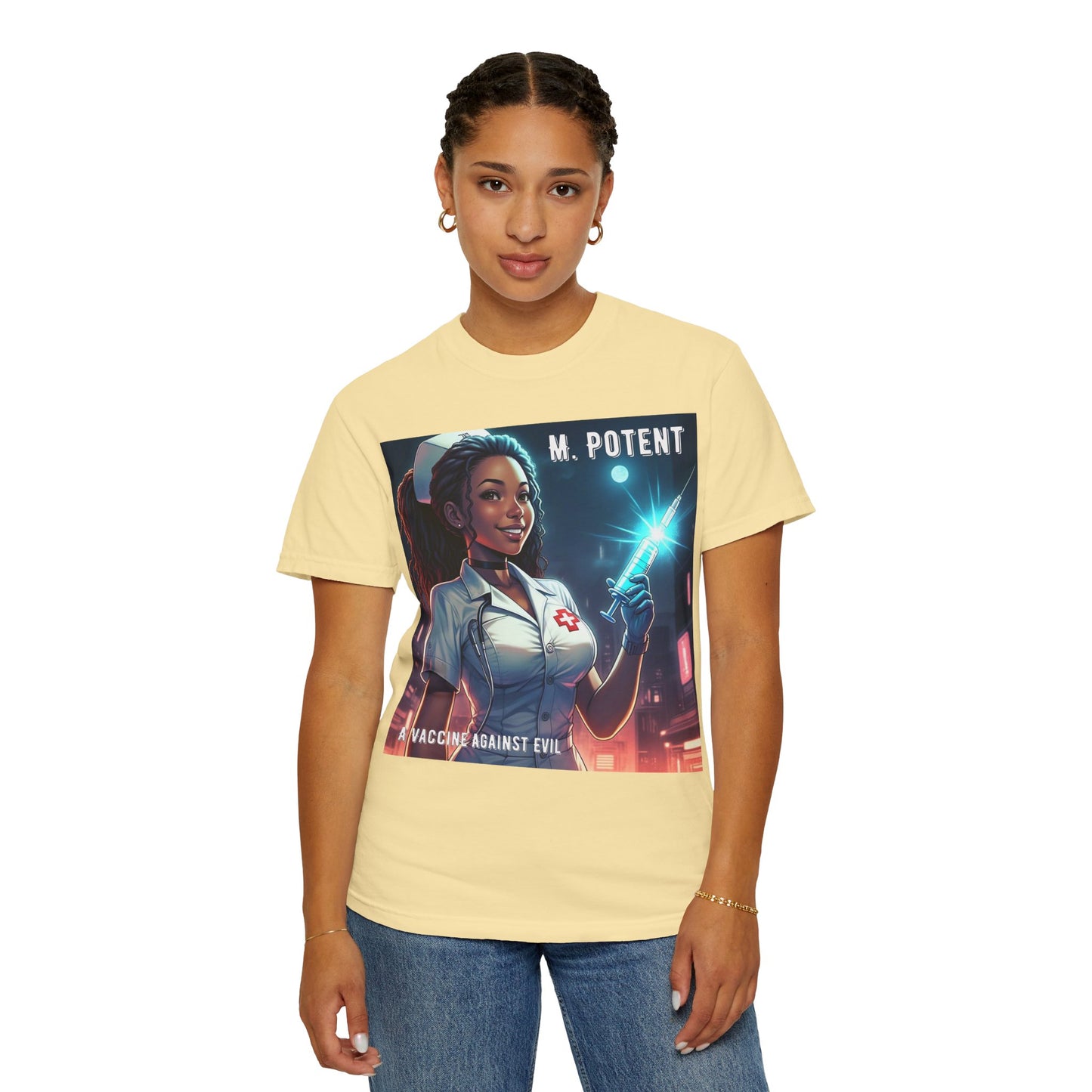M. Potent's 'A Vaccine Against Evil', Medicine-Themed Unisex T-Shirt, Positive Vibes, Great for Nurses, Vaccination Awareness, Gift for Healthcare Workers