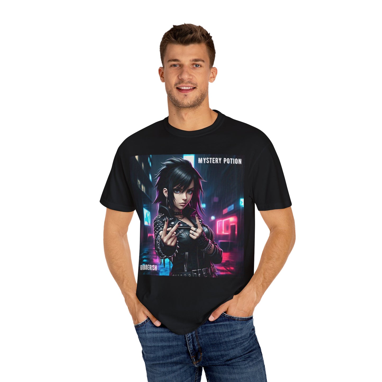 'Gibberish' by Mystery Potion, Cyberpunk Manga Graphic T-Shirt, Edgy Streetwear, Unisex Tee, Vintage Look, Gaming Style, Art Lover Gift