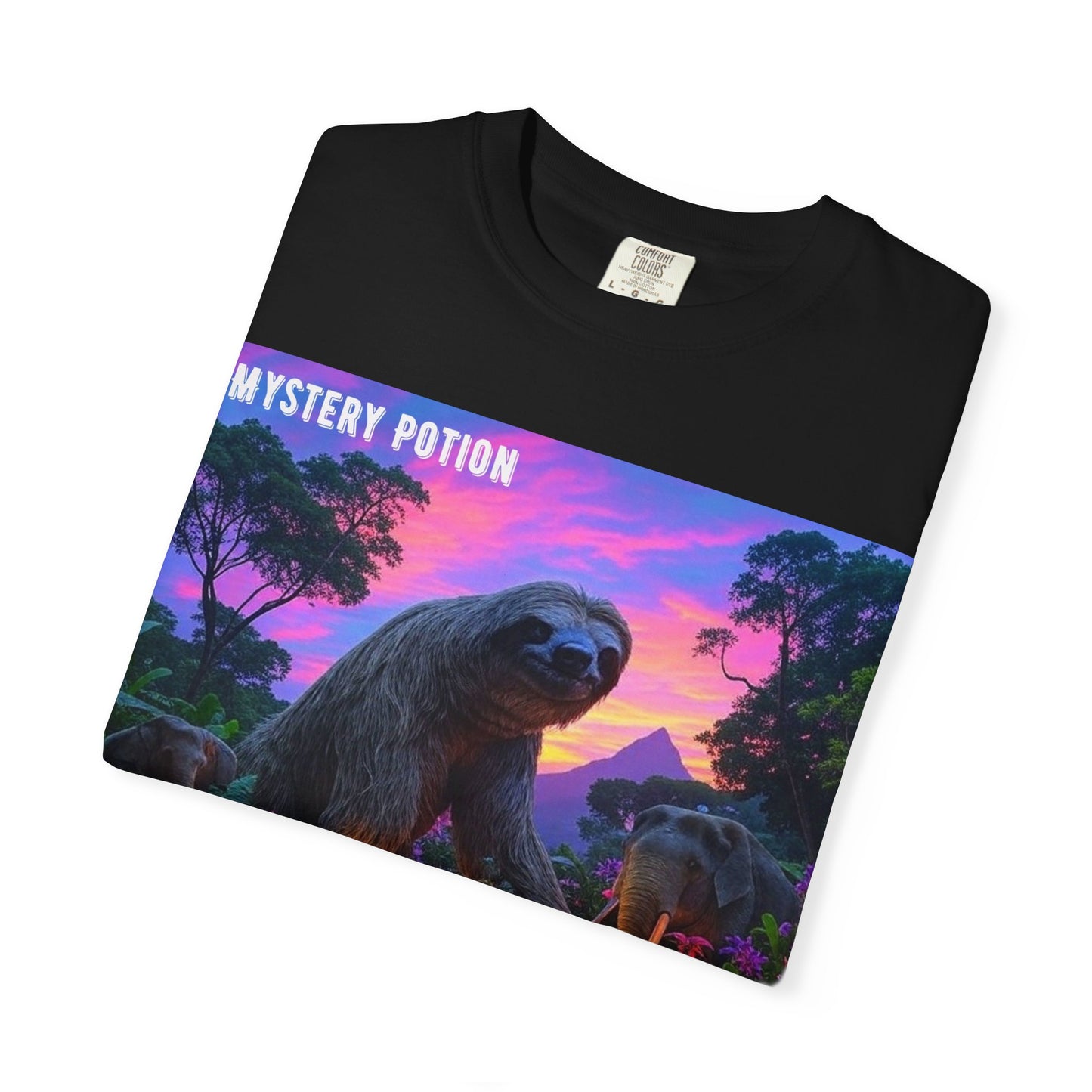 Mystery Potion's Giant Sloths and Mastodons Graphic T-Shirt | Unisex Garment-Dyed Tee for Nature Lovers, Unique Gift, Festival Wear, Prehistoric Design