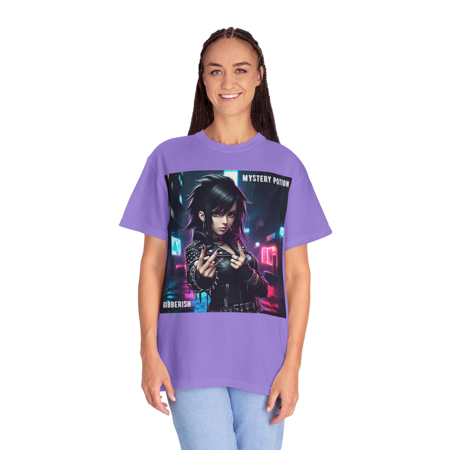 'Gibberish' by Mystery Potion, Cyberpunk Manga Graphic T-Shirt, Edgy Streetwear, Unisex Tee, Vintage Look, Gaming Style, Art Lover Gift