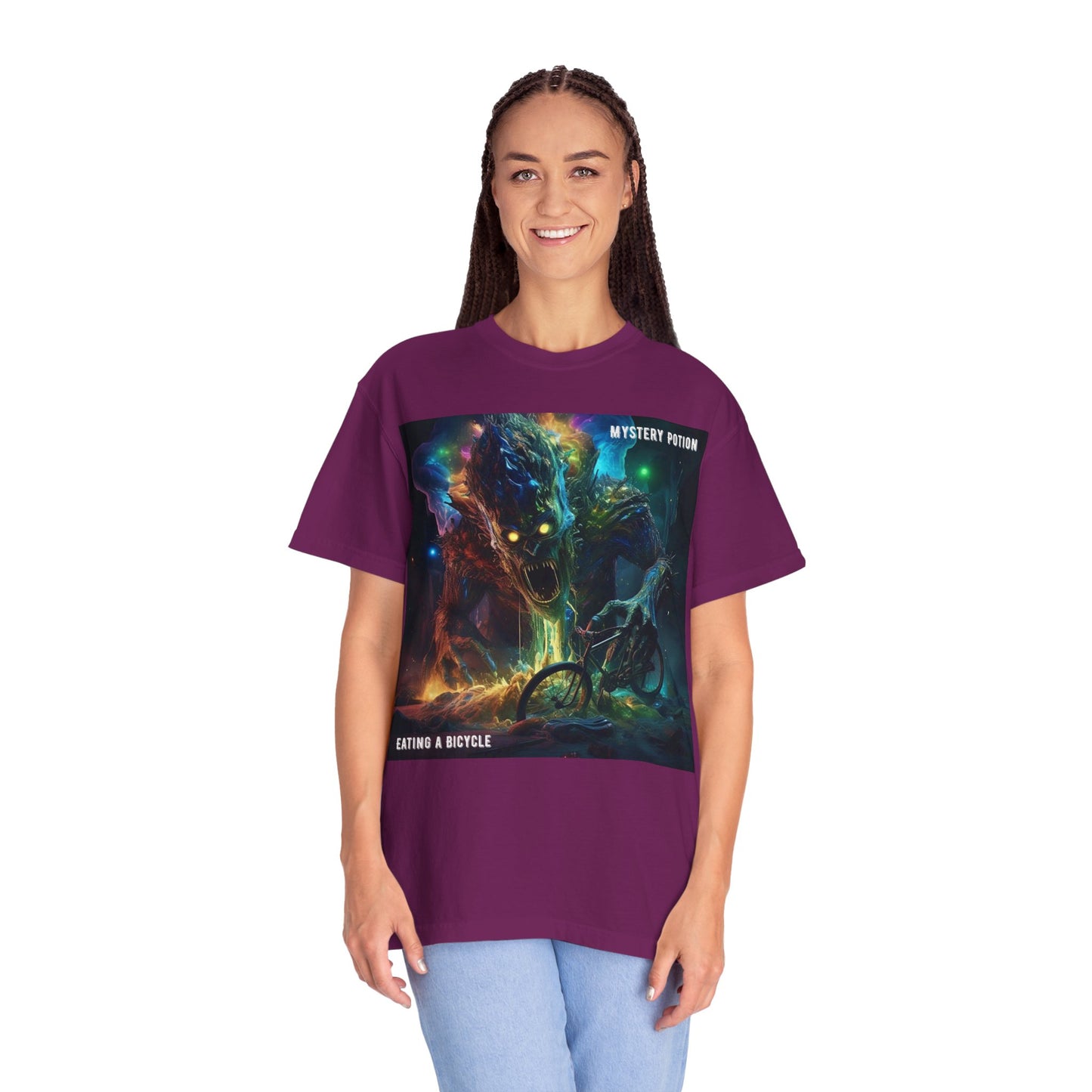 'Eating a Bicycle' by Mystery Potion, Unisex Garment-Dyed T-shirt, Monster Over City