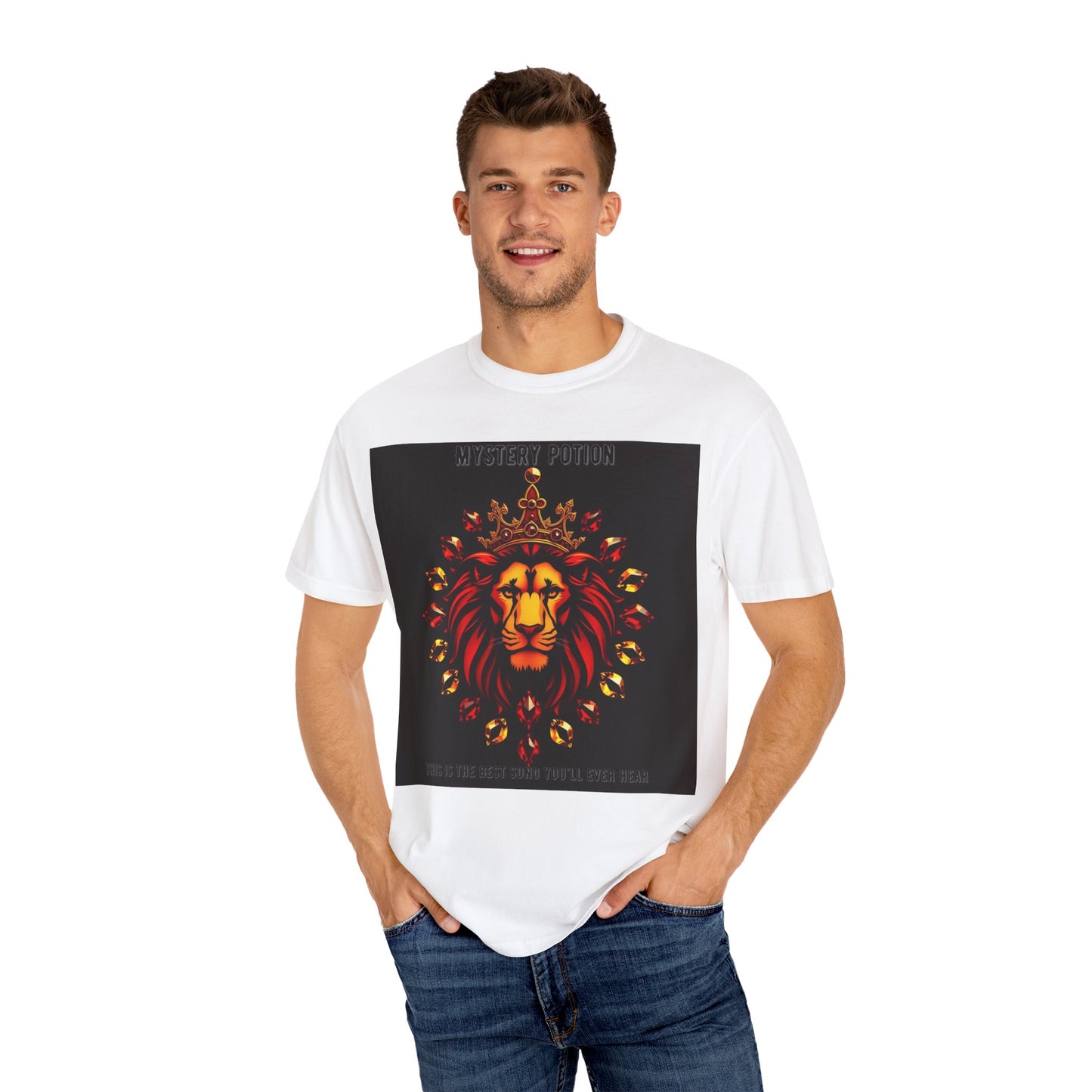 'This Is The Best Song You'll Ever Hear' by Mystery Potion, Bold Graphic Royal Lion T-Shirt, Unisex Tee, Streetwear Style, Gift for Lion Lovers, Perfect for Casual Outings, Unique Clothing
