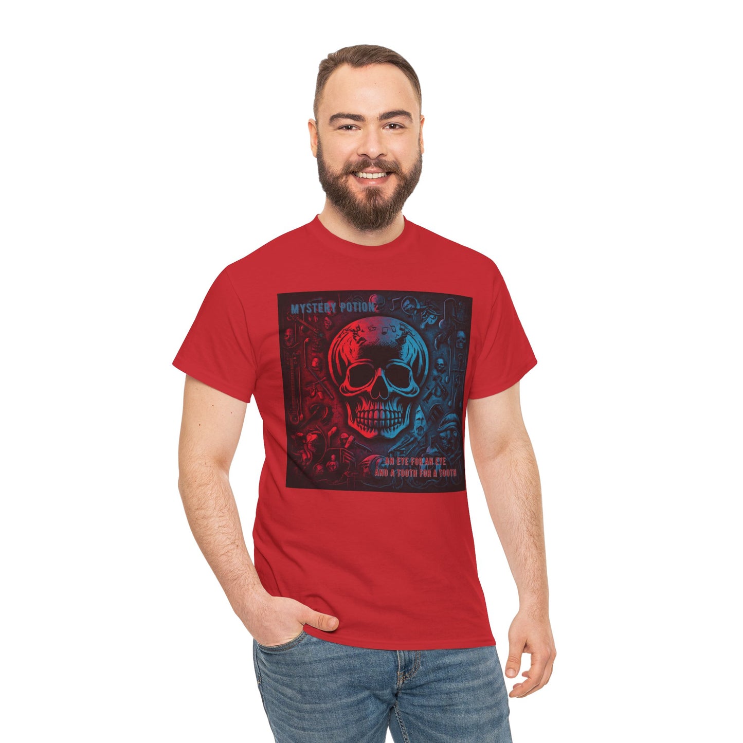 An Eye For An Eye And A Tooth For A Tooth by Mystery Potion, Stylish Skull Graphic Tee - Perfect for Halloween, Casual Wear, Music Festivals, Unique Gift, Unisex Heavy Cotton Shirt