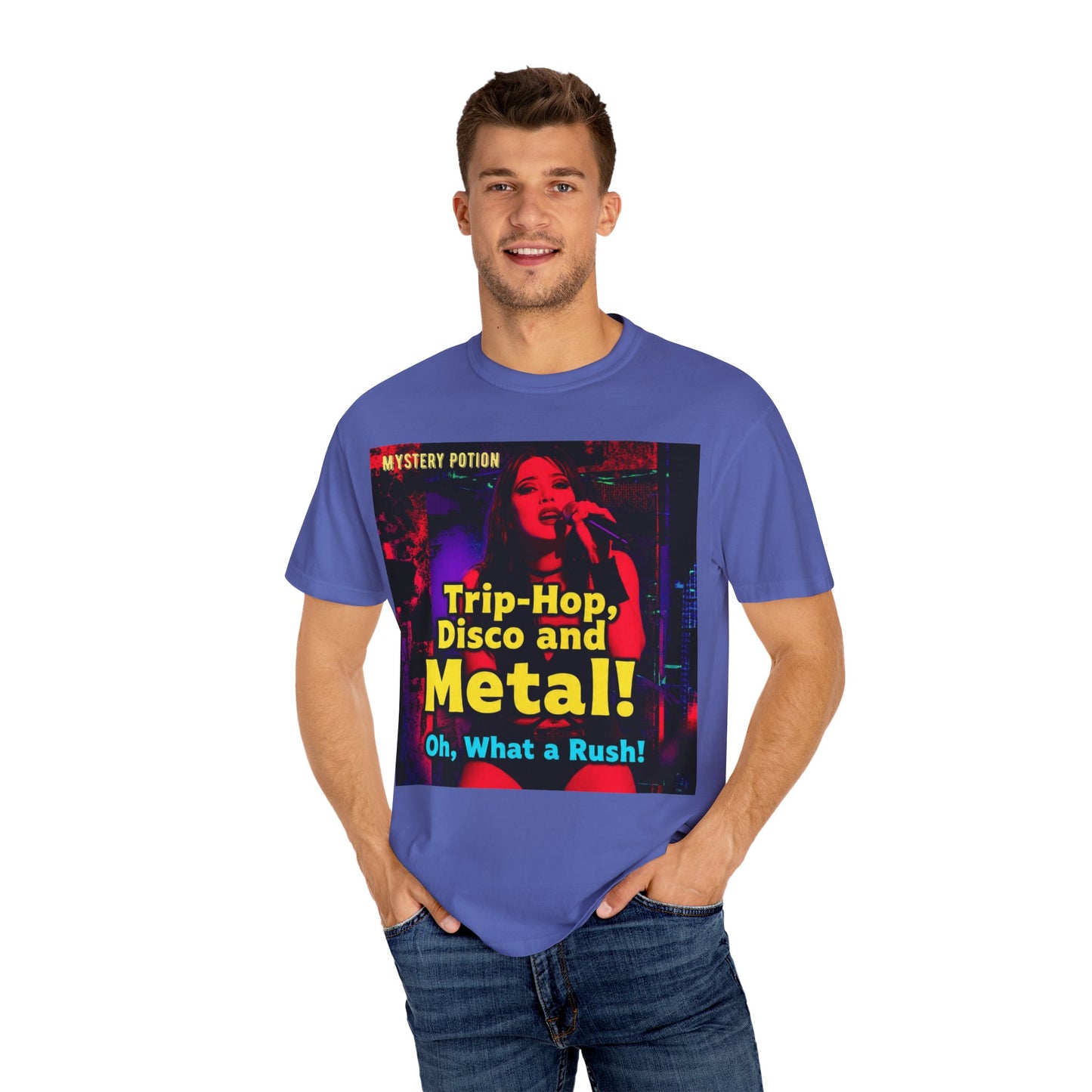 Trip Hop, Disco and Metal! Oh, What a Rush Vibrant Music-Themed Unisex T-shirt | Perfect Gift for Music Lovers, Concert Attendees, Band Merch, Festival Apparel, and Casual Wear