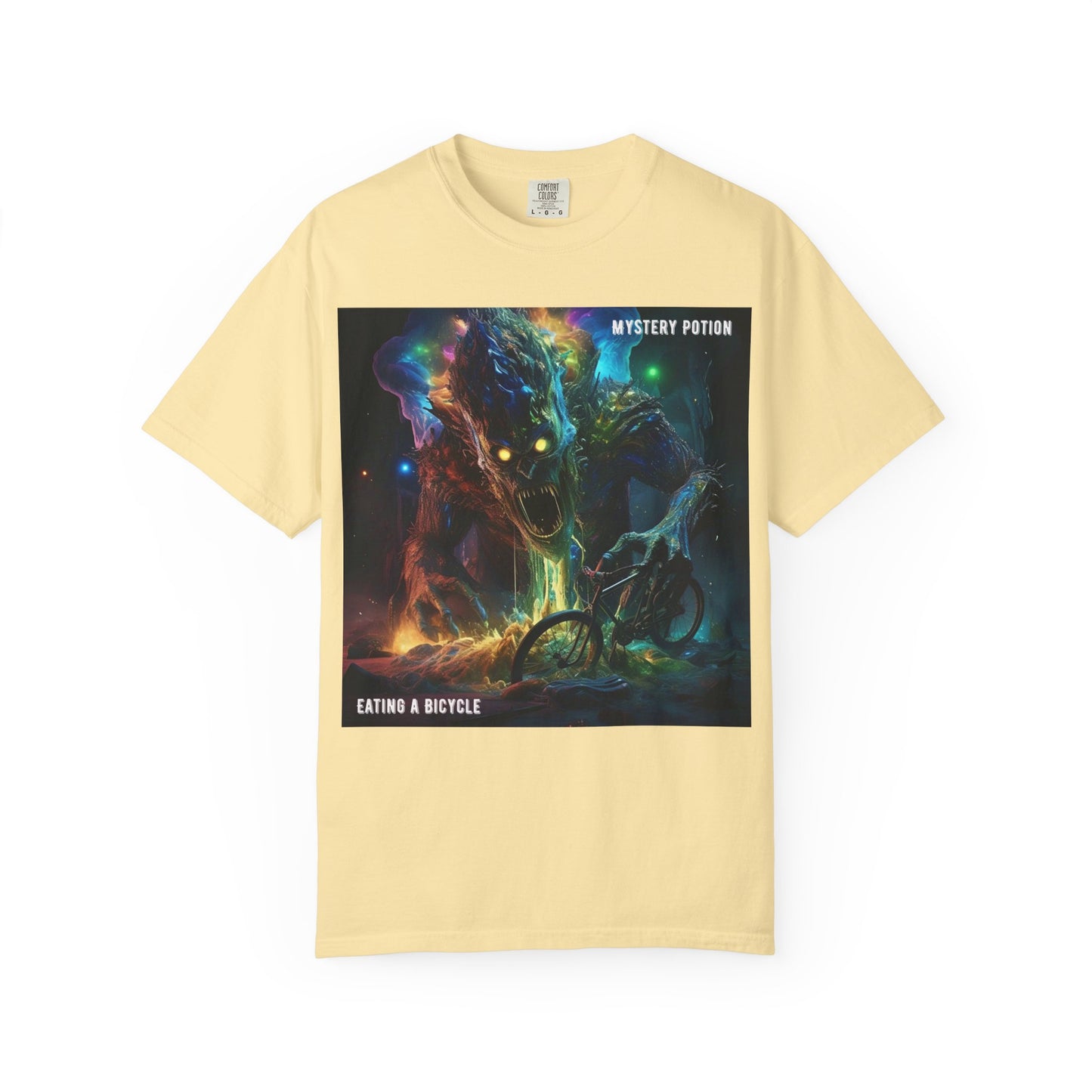 'Eating a Bicycle' by Mystery Potion, Unisex Garment-Dyed T-shirt, Monster Over City