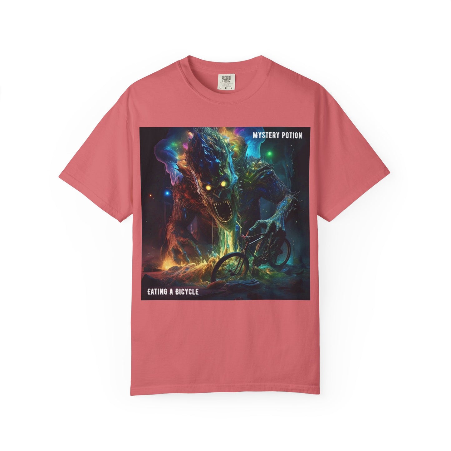 'Eating a Bicycle' by Mystery Potion, Unisex Garment-Dyed T-shirt, Monster Over City