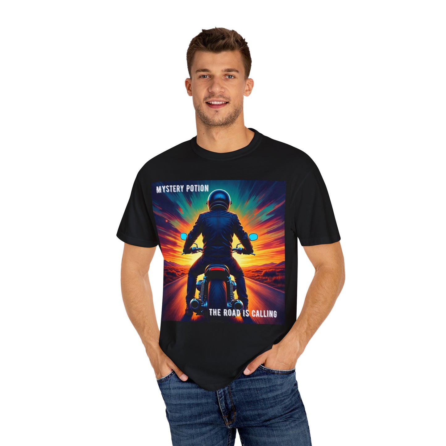 'The Road is Calling' by Mystery Potion Adventure T-Shirt, Motorcycle Gift, Road Trip Tee, Vintage Style Shirt, Unisex Graphic Tee, Outdoor Enthusiast Apparel