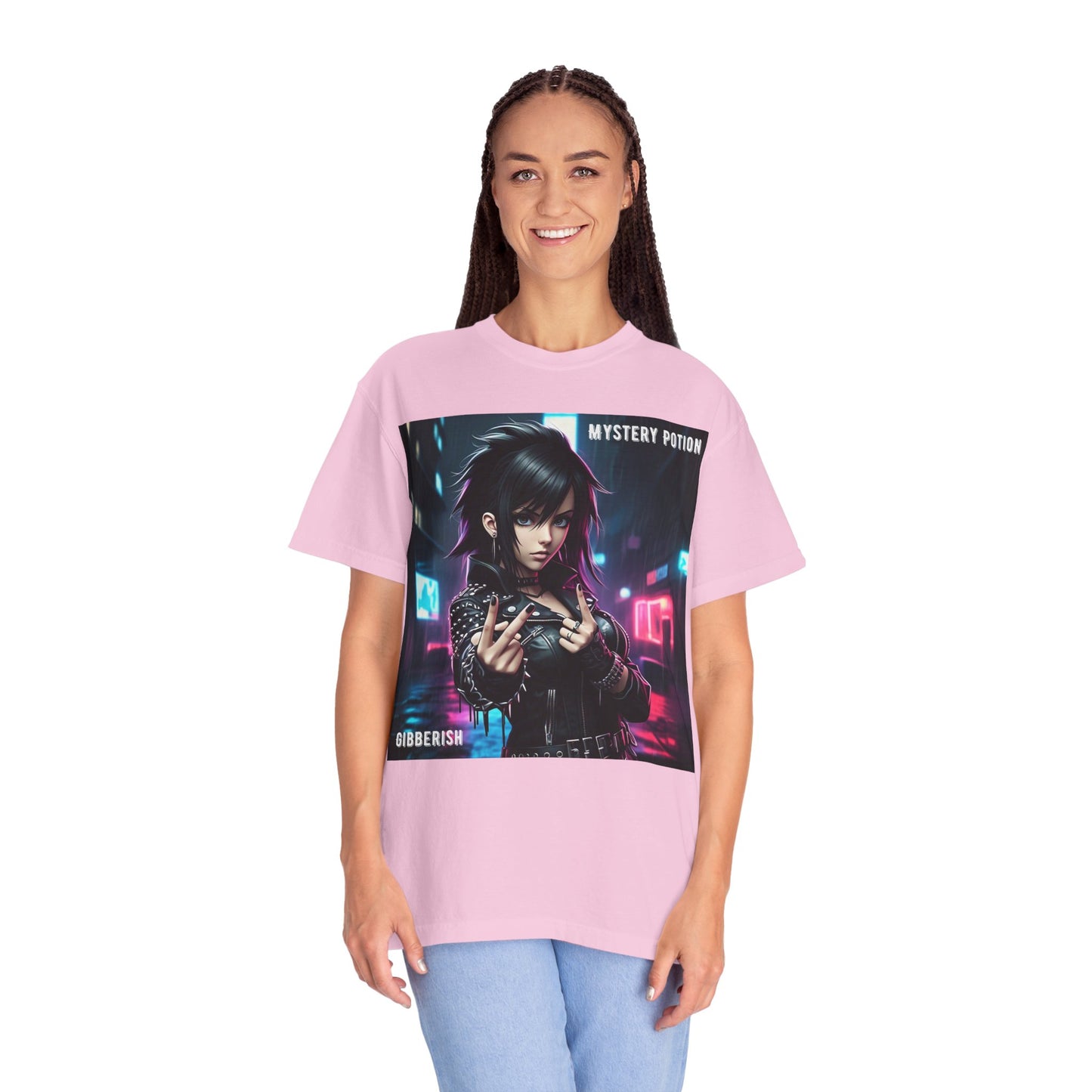 'Gibberish' by Mystery Potion, Cyberpunk Manga Graphic T-Shirt, Edgy Streetwear, Unisex Tee, Vintage Look, Gaming Style, Art Lover Gift