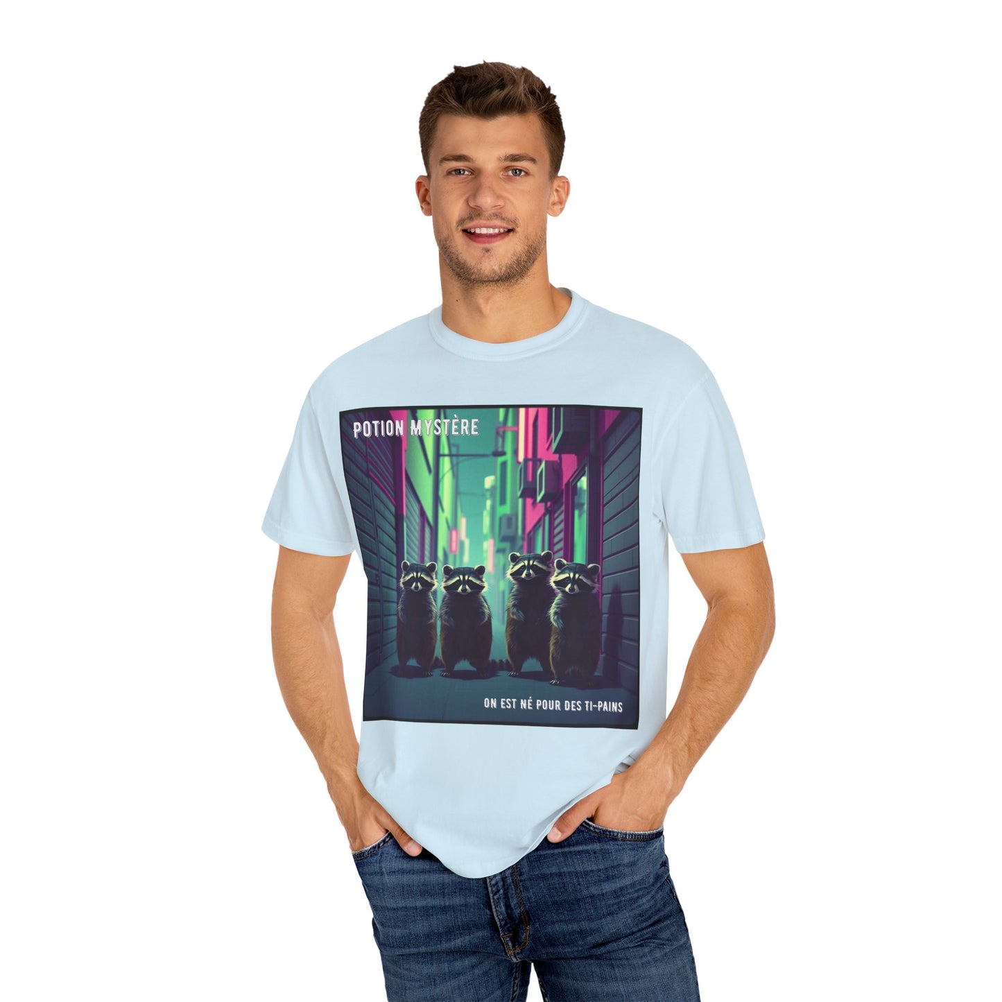 'On Est Né Pour Des Ti Pains' par Potion Mystère, Racoons Graphic Tee for Nature Lovers, Unisex Shirt for Pop Punk Song, Gift for Gamers, Casual Wear, Eco-Friendly Apparel