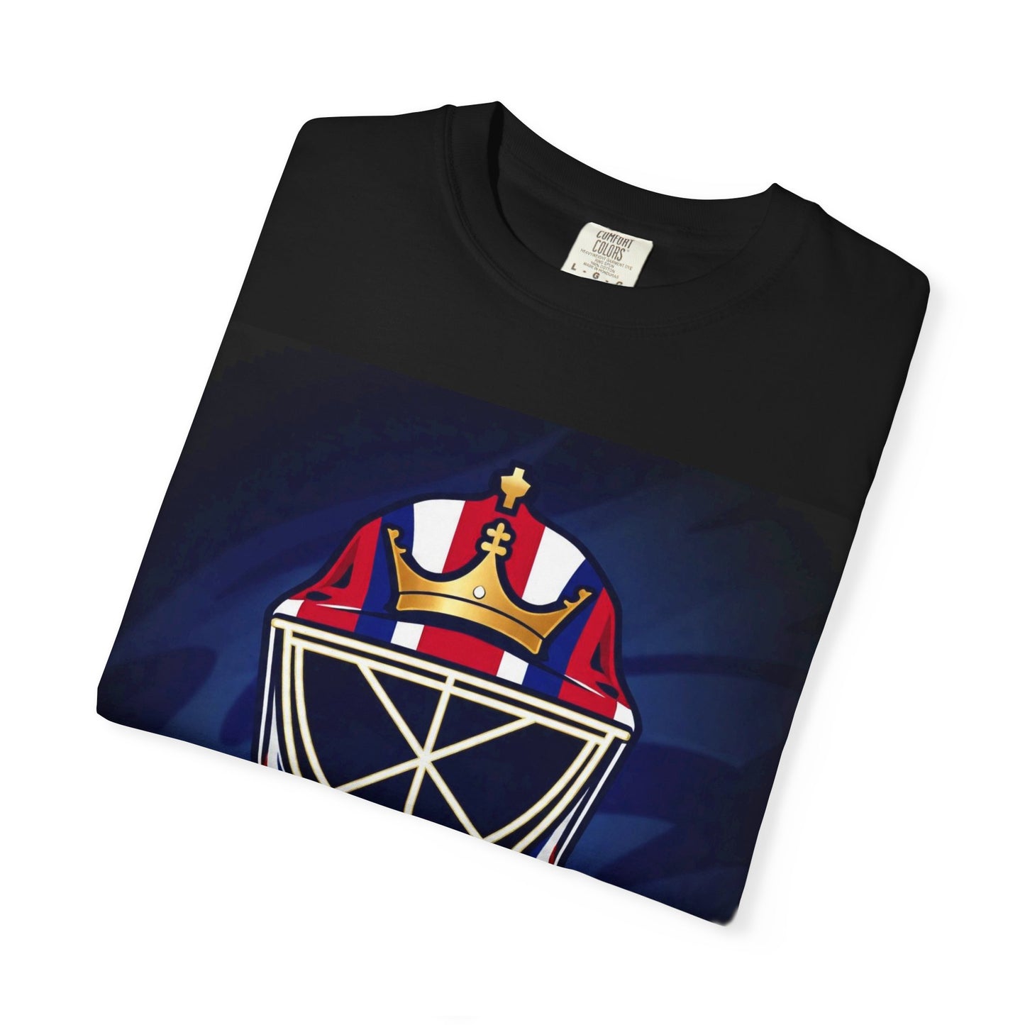 Regal Crown Goalie Mask Graphic T-shirt, Unisex Fashion Tee, Red, White and Blue Casual Wear, Gift for Her/Him, Summer Style, Graphic Apparel, Streetwear