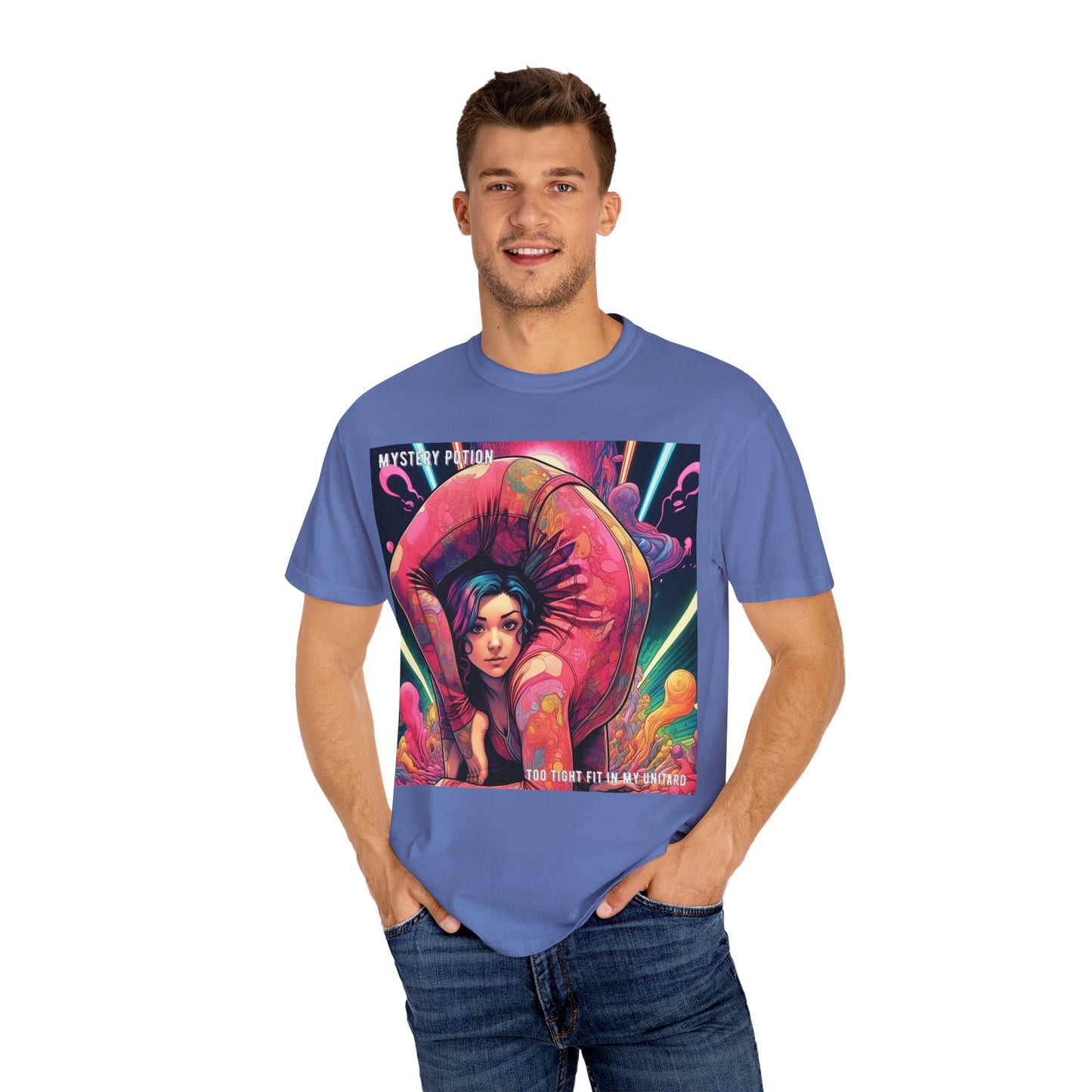Mystery Potion Extreme Yoga Pose Unisex Garment-Dyed T-shirt, Artistic Tee, Vibrant Graphic Shirt, Unique Gift, Festival Wear, Comfortable Casual Top