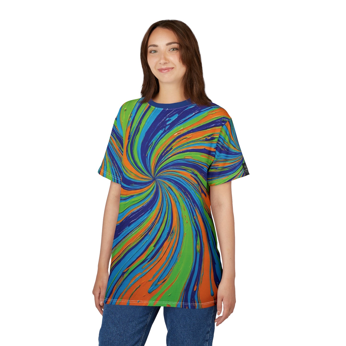 Vibrant Tie-Dye Tee, Unisex AOP Shirt for Festivals, Summer Outfits, Beach Days, Gifts for Friends, Colorful Fashion Statement