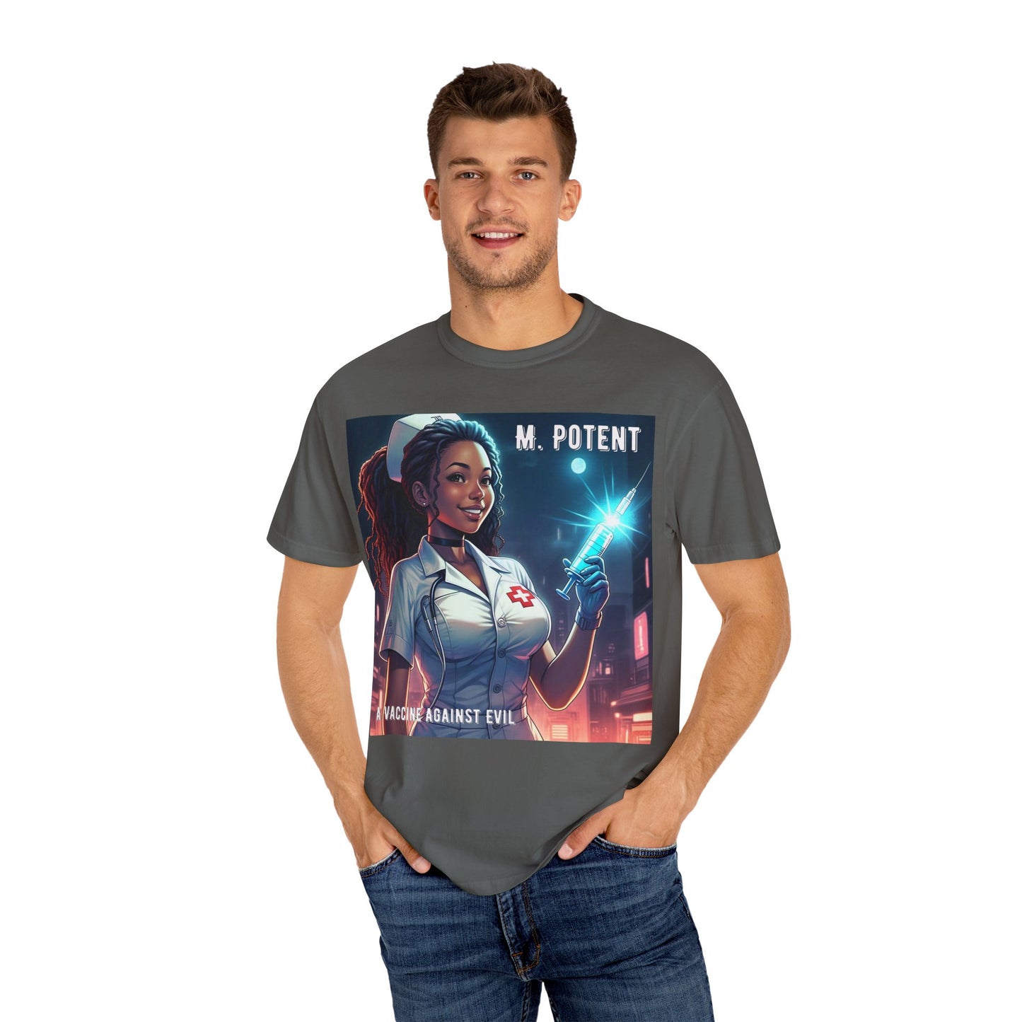 M. Potent's 'A Vaccine Against Evil', Medicine-Themed Unisex T-Shirt, Positive Vibes, Great for Nurses, Vaccination Awareness, Gift for Healthcare Workers