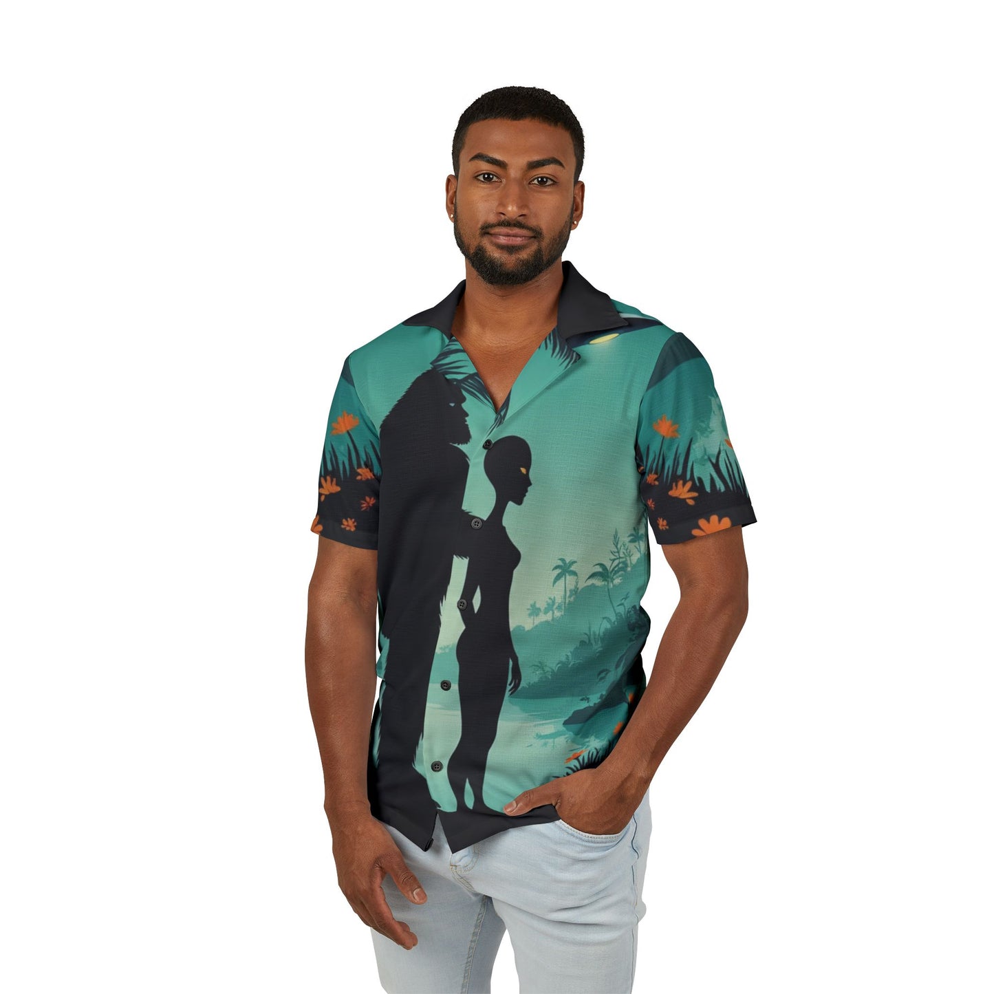 Men's Alien Bigfoot Hawaiian Camp Shirt, Retro Vacation Style, Perfect for Beach Parties, Summer BBQs, Men's Summer Wear, Unique Gift Idea