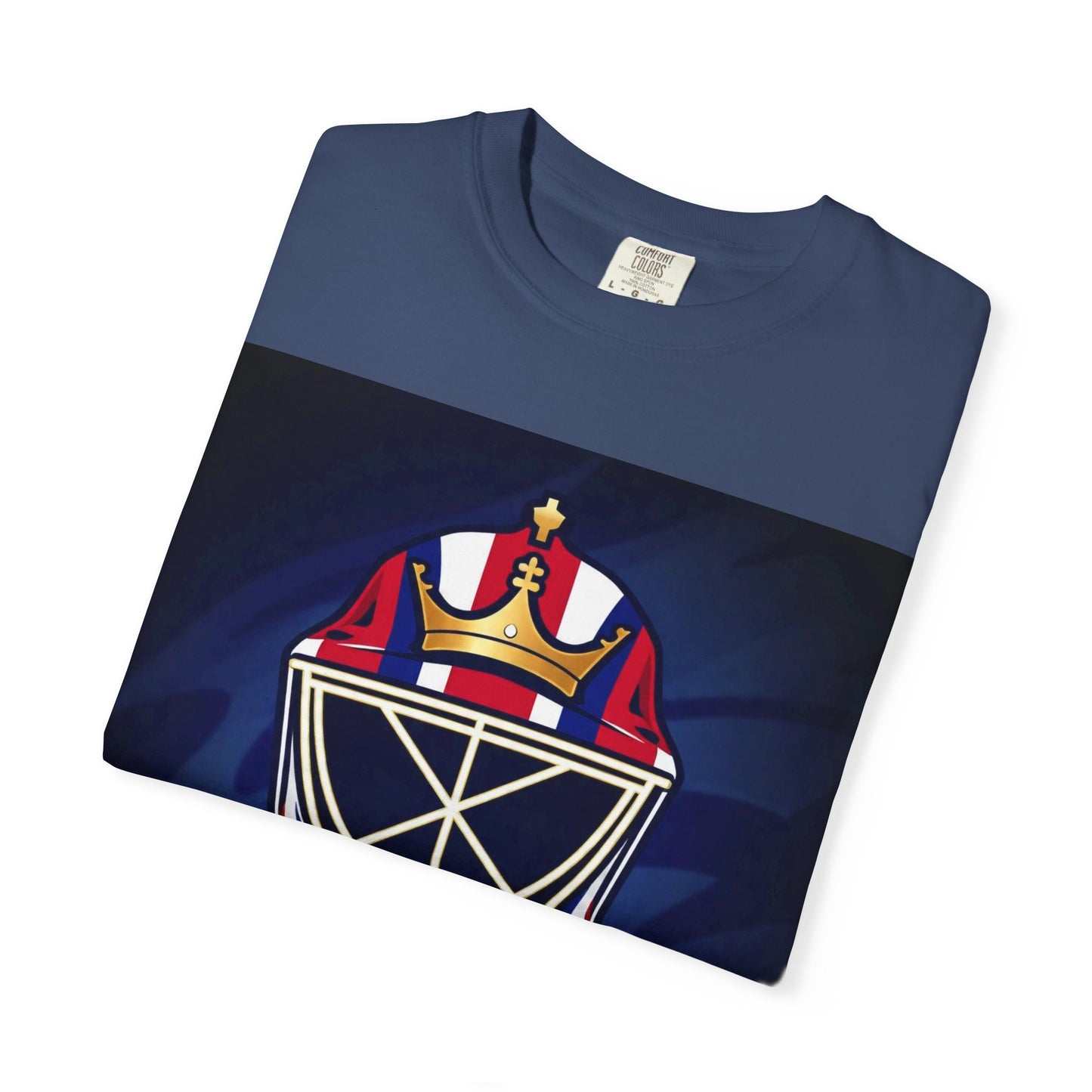 Regal Crown Goalie Mask Graphic T-shirt, Unisex Fashion Tee, Red, White and Blue Casual Wear, Gift for Her/Him, Summer Style, Graphic Apparel, Streetwear