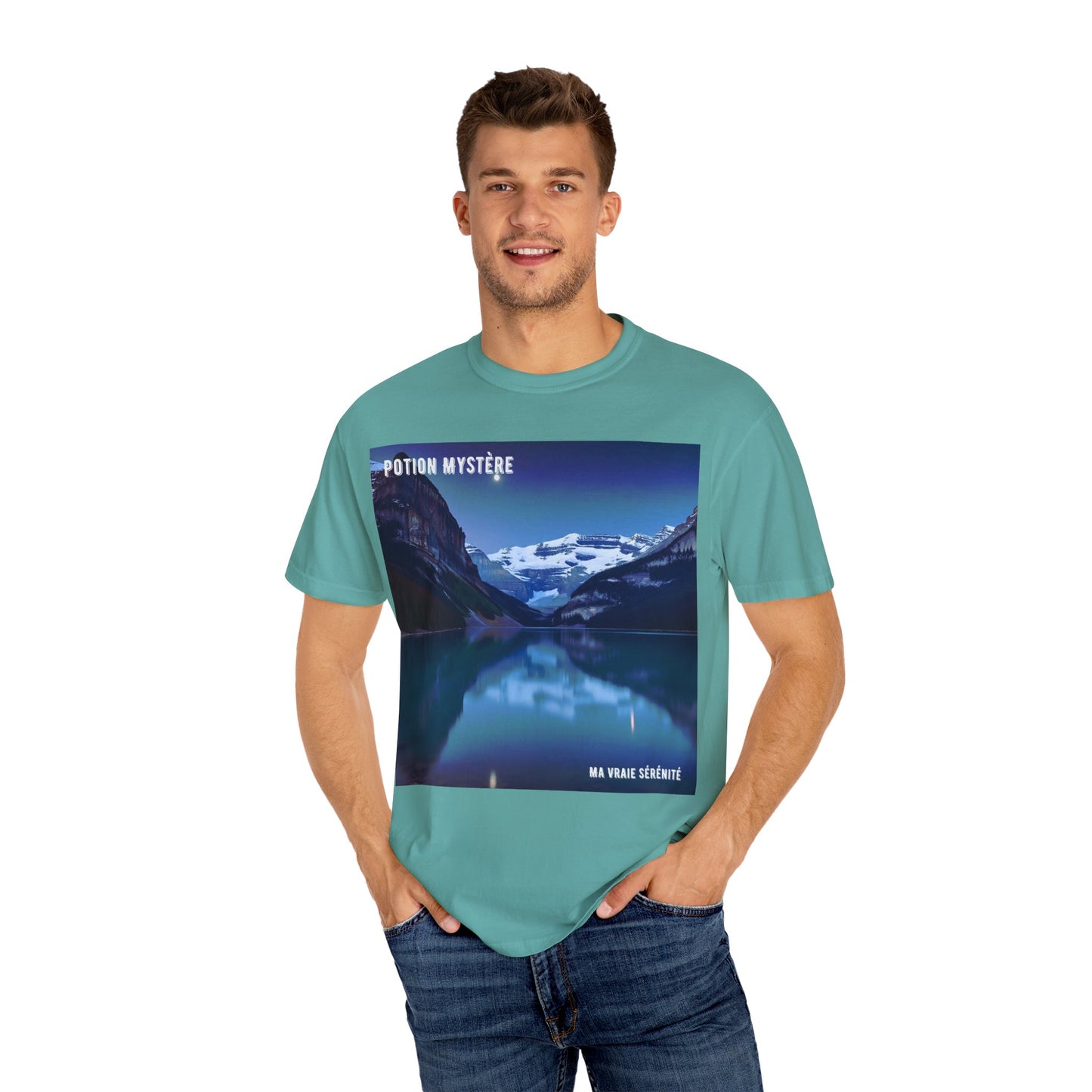 Mystical Lake Louise T-Shirt, Unisex Garment-Dyed Tee, Nature Lover Gift, Serenity in Adventure Apparel, Travel Fashion, Cool Summer Shirt