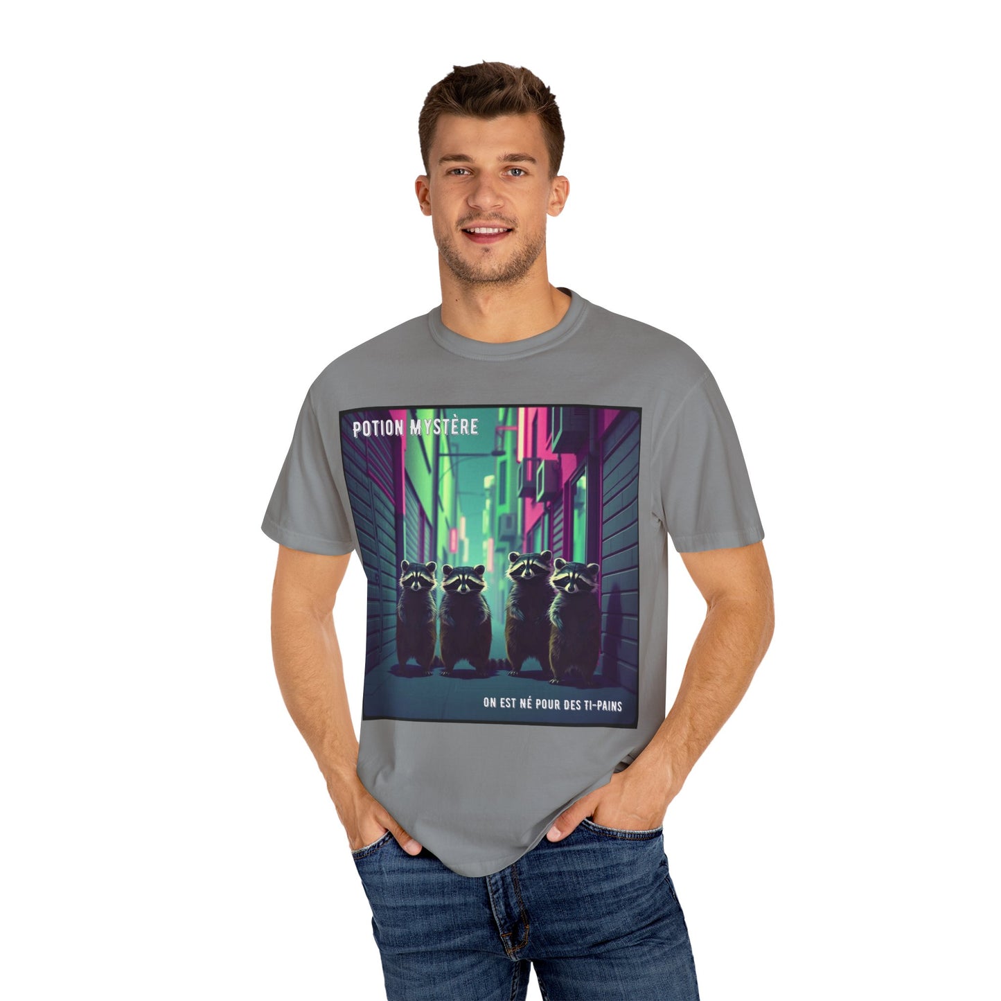 'On Est Né Pour Des Ti Pains' par Potion Mystère, Racoons Graphic Tee for Nature Lovers, Unisex Shirt for Pop Punk Song, Gift for Gamers, Casual Wear, Eco-Friendly Apparel