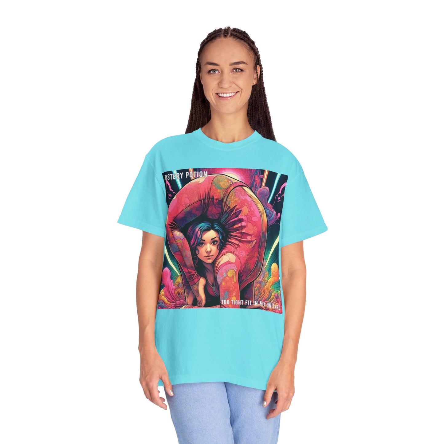 Mystery Potion Extreme Yoga Pose Unisex Garment-Dyed T-shirt, Artistic Tee, Vibrant Graphic Shirt, Unique Gift, Festival Wear, Comfortable Casual Top
