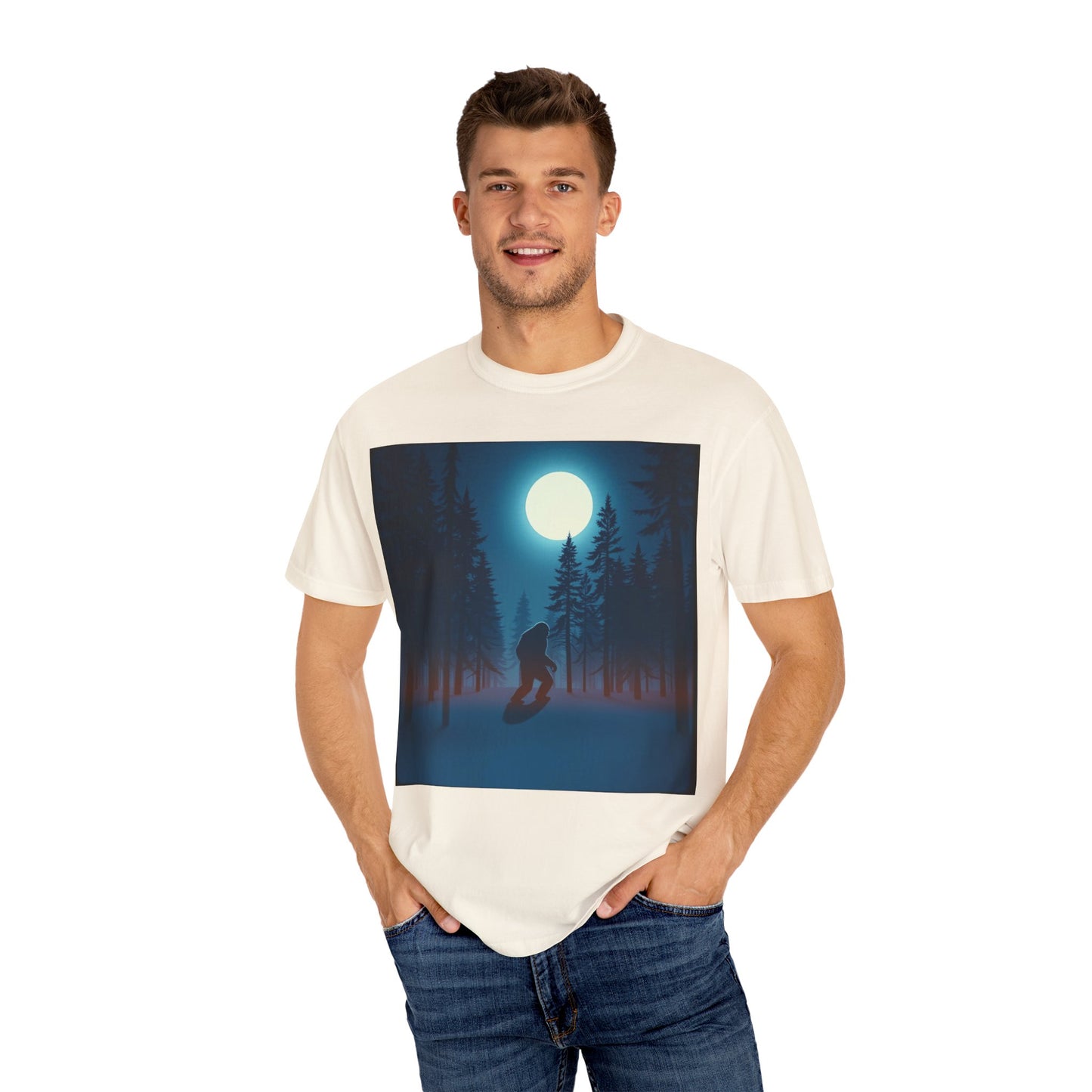 Moonlit Forest Snowboarder T-Shirt, Cozy Adventure Tee, Winter Sports Gift, Unisex Apparel, Outdoor Vibes