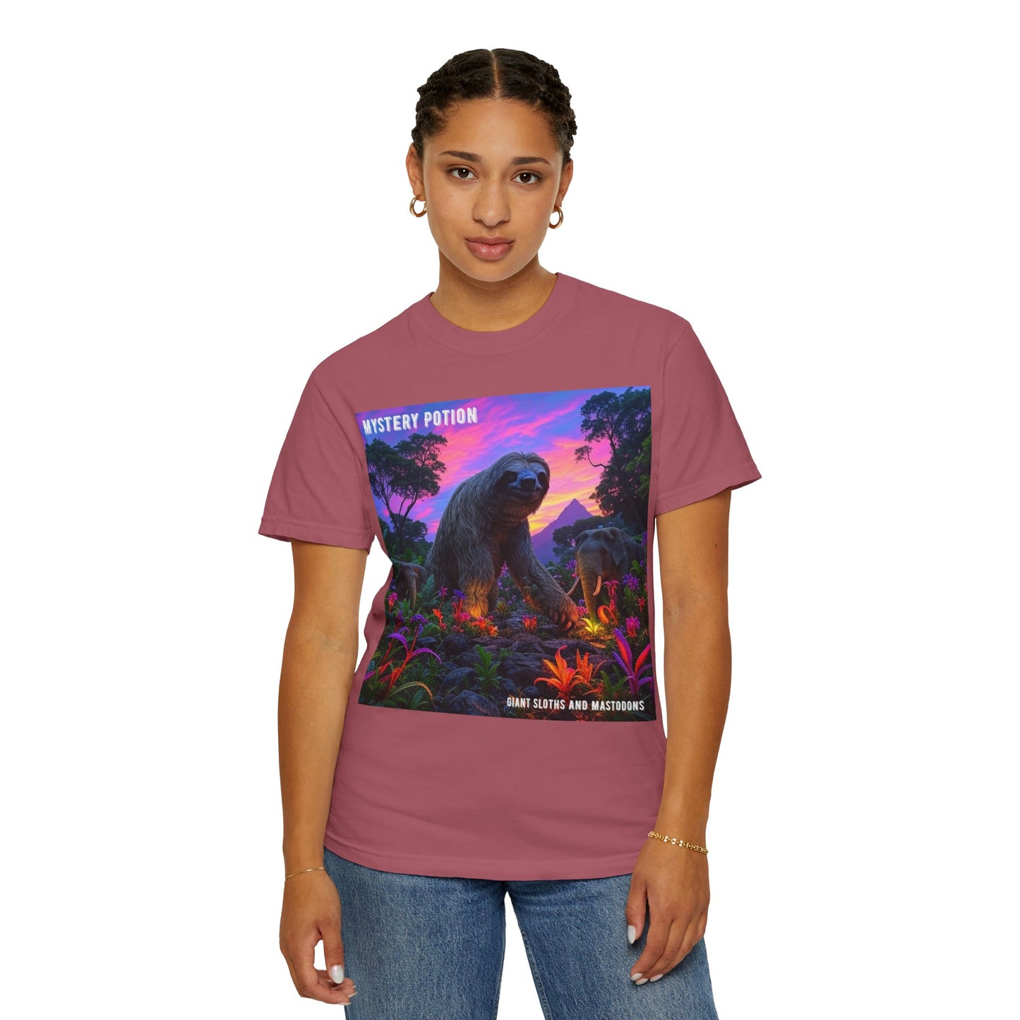 Mystery Potion's Giant Sloths and Mastodons Graphic T-Shirt | Unisex Garment-Dyed Tee for Nature Lovers, Unique Gift, Festival Wear, Prehistoric Design