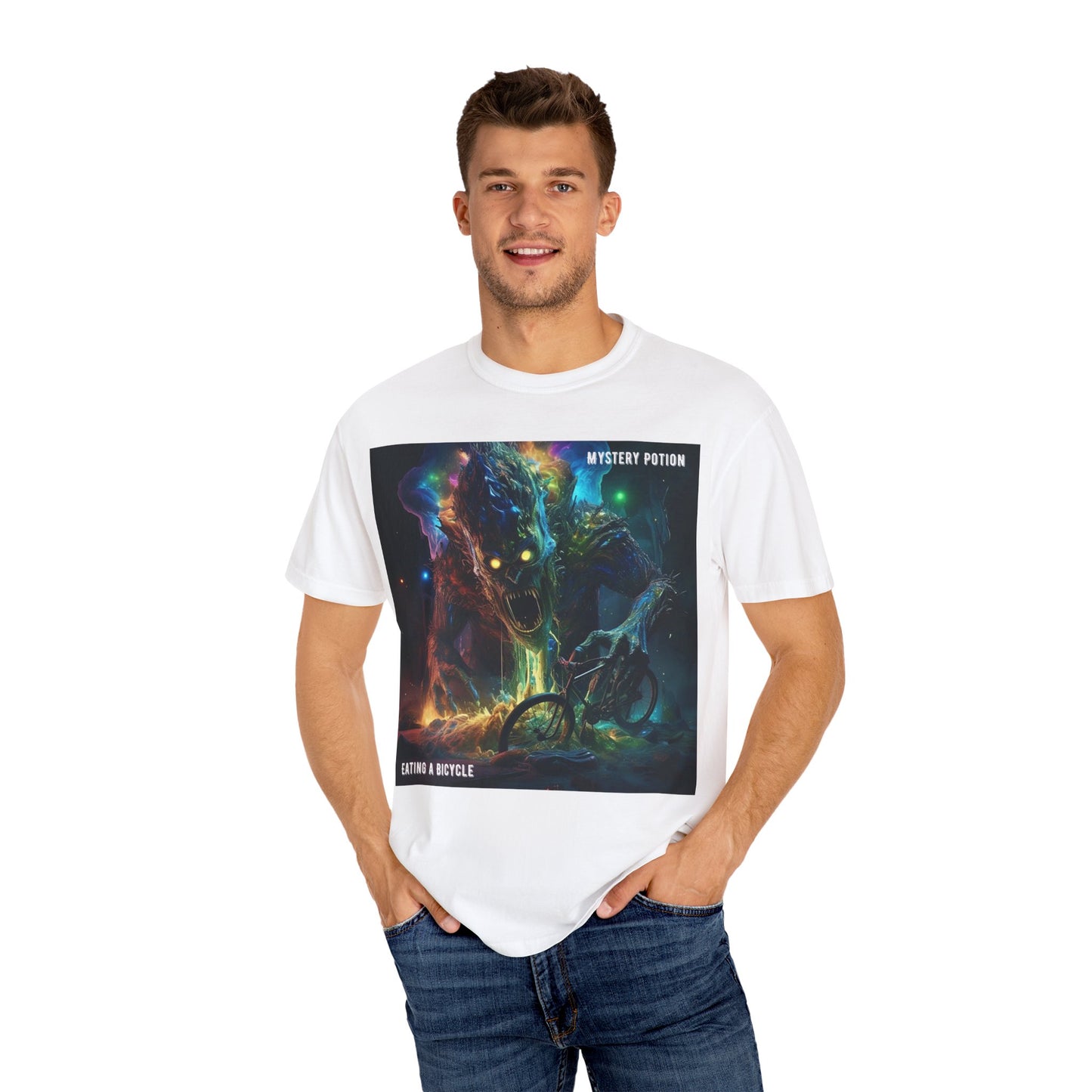 'Eating a Bicycle' by Mystery Potion, Unisex Garment-Dyed T-shirt, Monster Over City