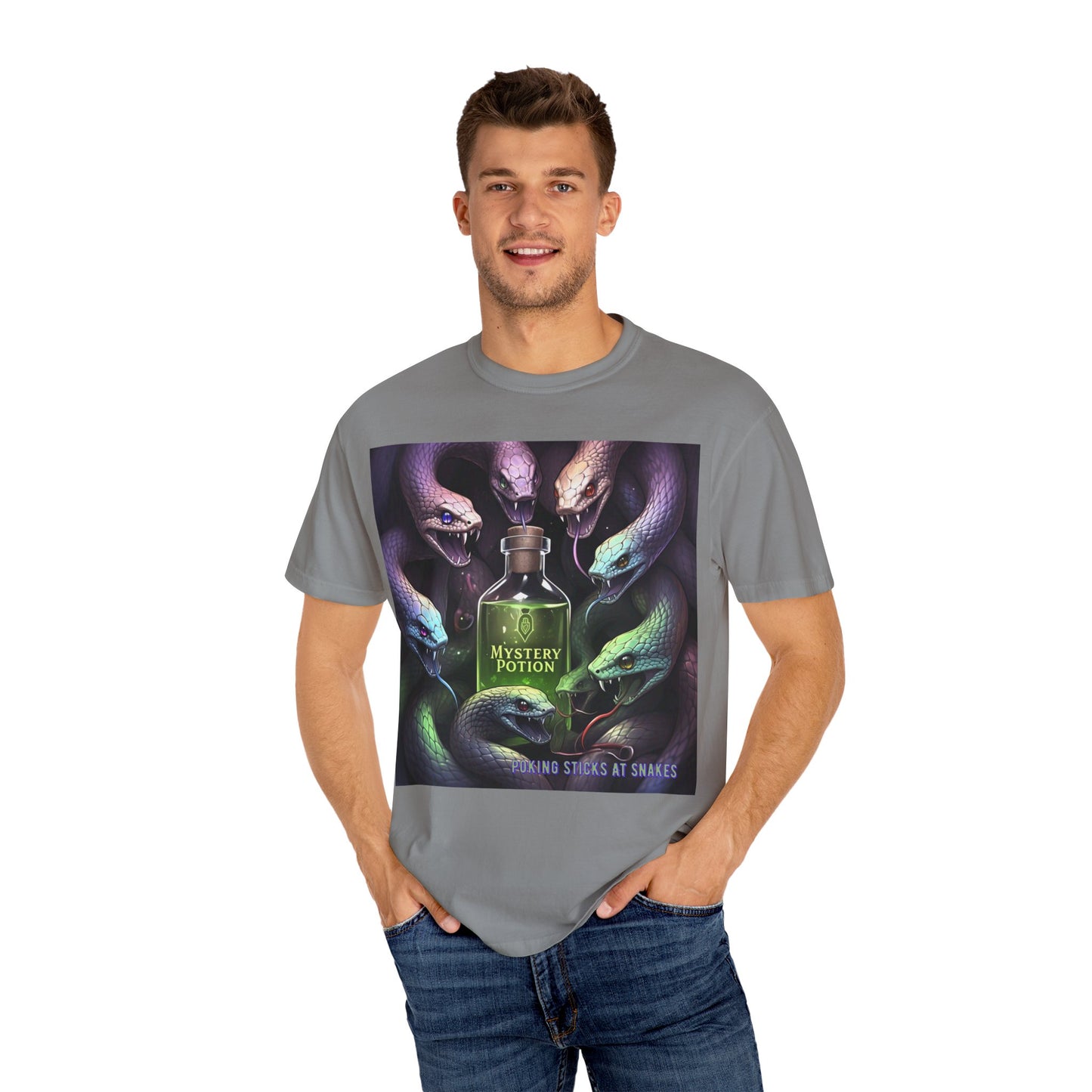 'Poking Sticks At Snakes' by Mystery Potion, Unisex T-shirt | Snakes Design | Perfect for Halloween, Gifts, Cozy Wear, Unique Apparel, Vintage Vibe