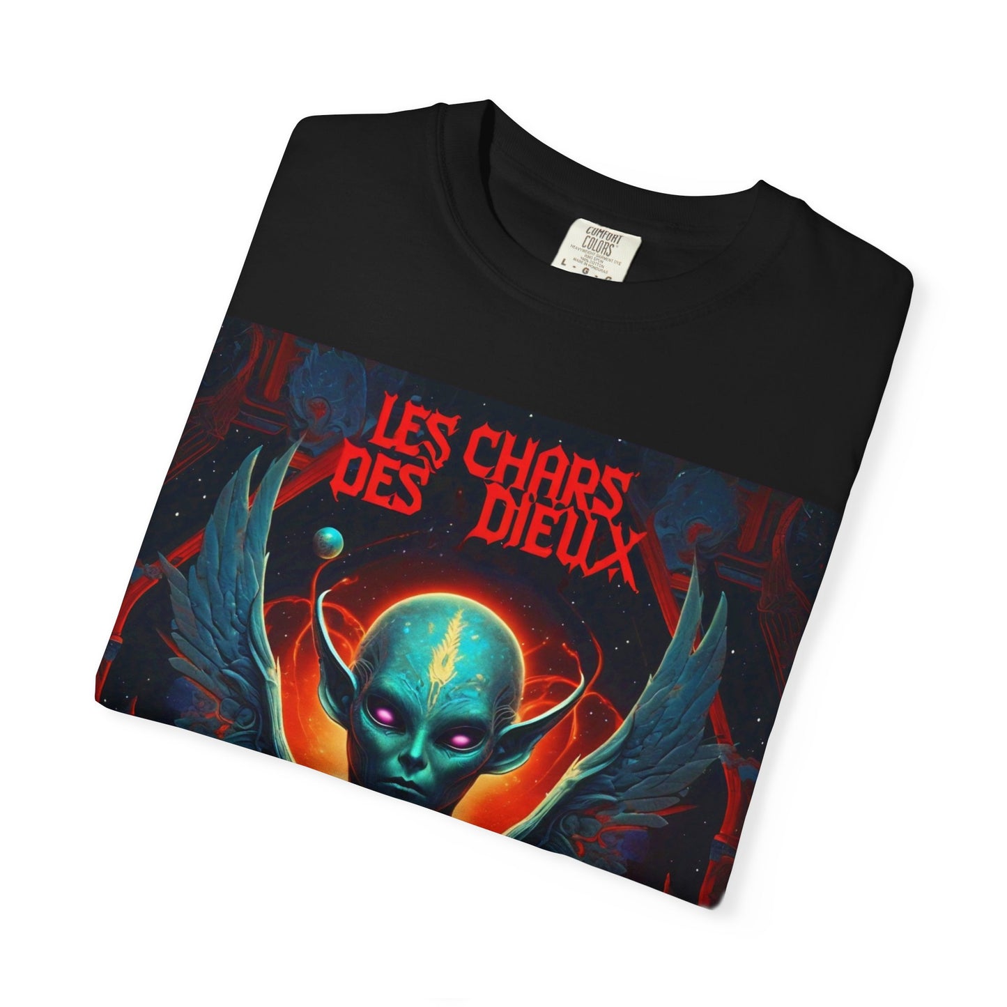 'Les Chars des Dieux' par Potion Mystère, Mystical Alien Graphic T-Shirt | Unisex Tee for Sci-Fi Lovers, Unique Gift for Halloween, Cosmic Vibes, Statement Shirt, Trendy Fashion