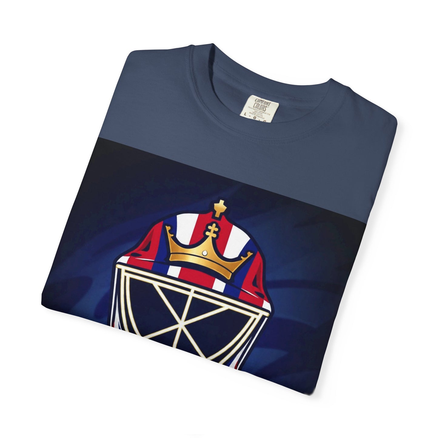 Regal Crown Goalie Mask Graphic T-shirt, Unisex Fashion Tee, Red, White and Blue Casual Wear, Gift for Her/Him, Summer Style, Graphic Apparel, Streetwear