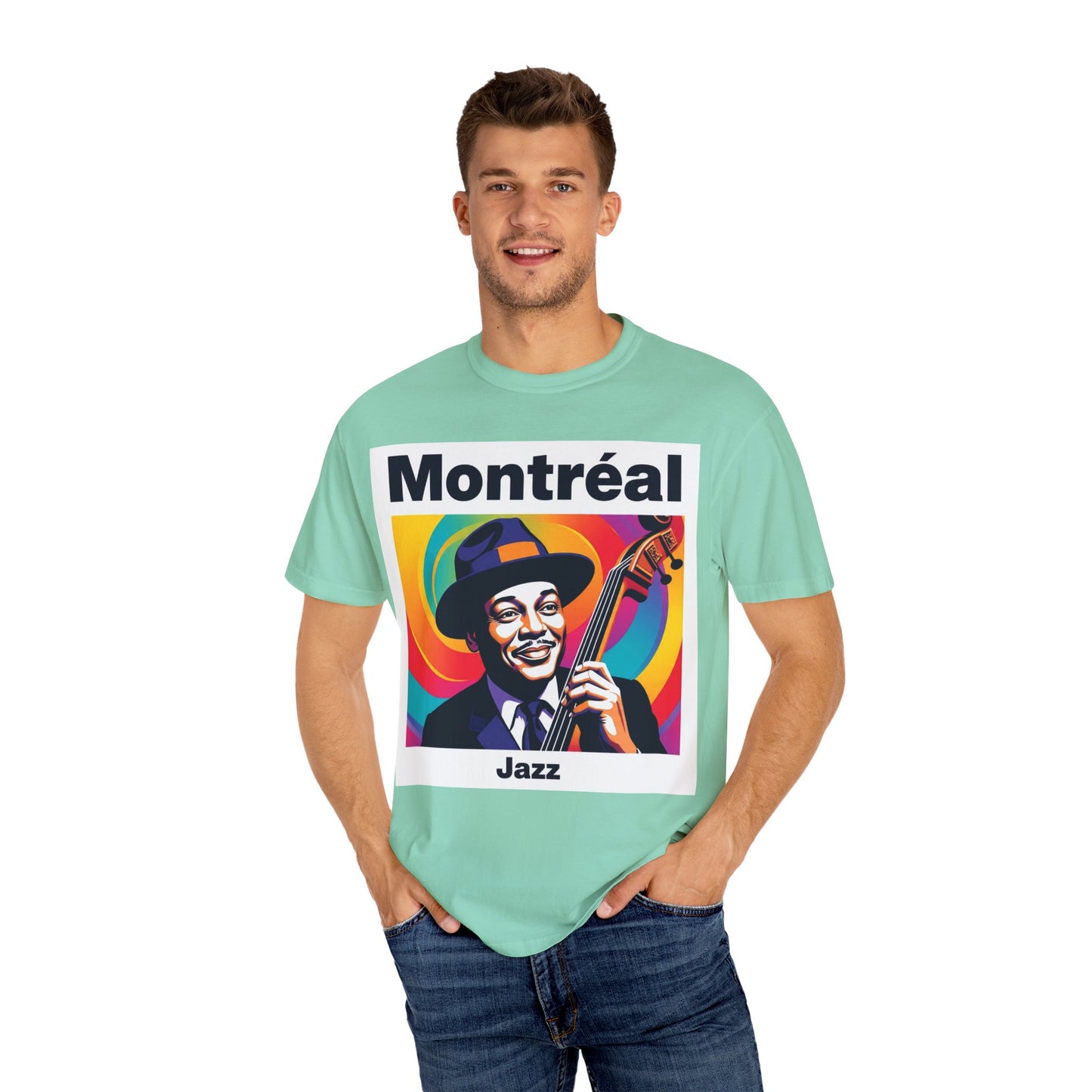 Vibrant Jazz T-Shirt with Montréal Design | Unisex Garment-Dyed Tee for Music Lovers, Concerts, Festivals, Gift Idea, Casual Wear