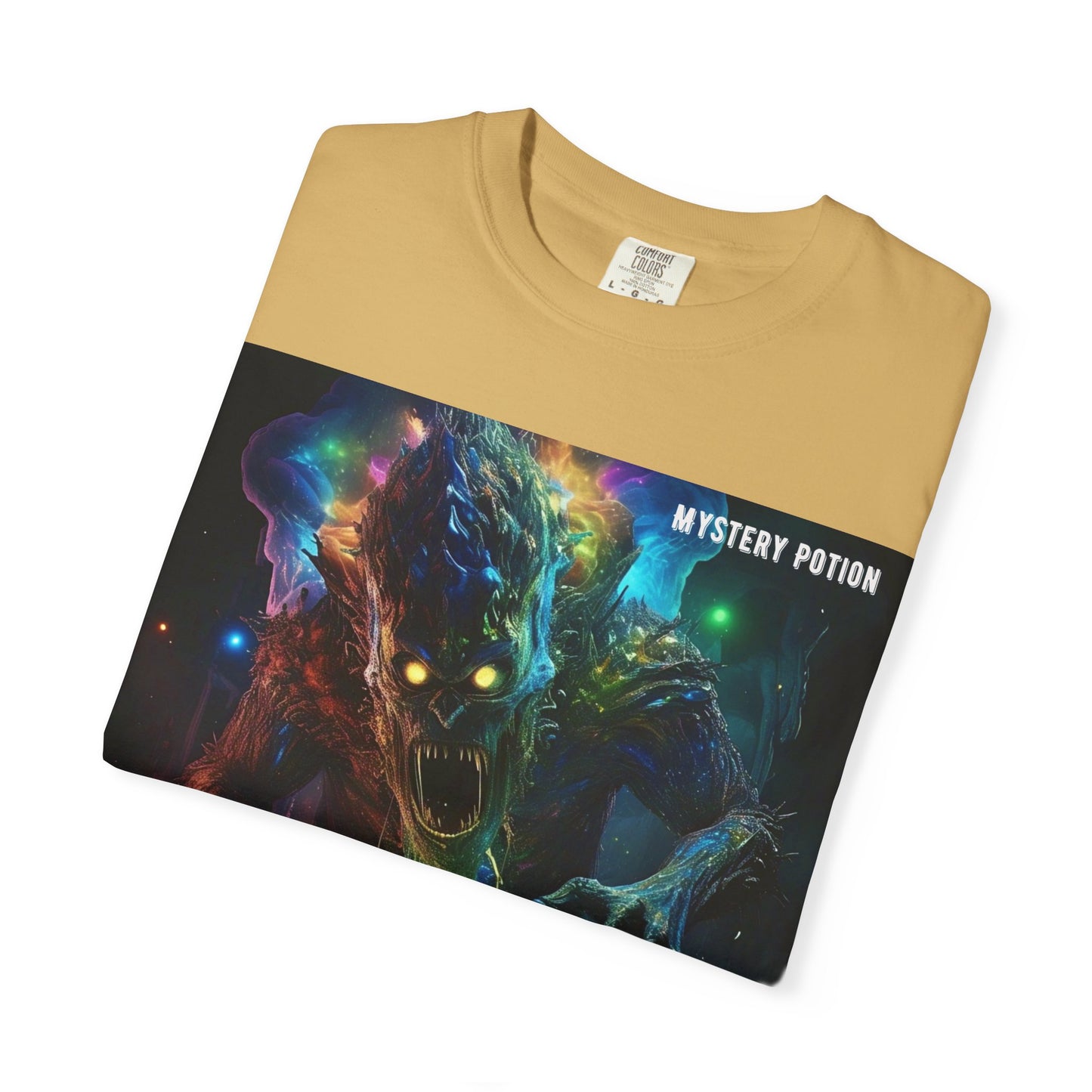 'Eating a Bicycle' by Mystery Potion, Unisex Garment-Dyed T-shirt, Monster Over City