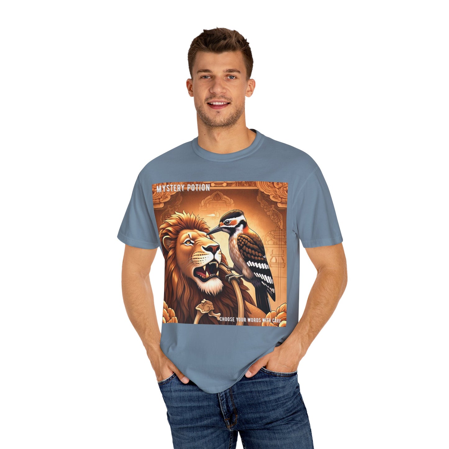 Mystical Lion & Bird T-Shirt | Unique Graphic Tee, Unisex Apparel, Gift for Nature Lovers, Bohemian Style, Festival Wear