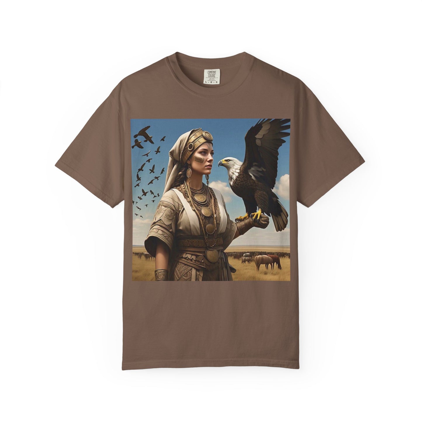 Empowered Eagle and Scythian Woman T-Shirt, Unisex Garment-Dyed Tee, Nature Lover Shirt, Gift for Bird Enthusiasts, Unique Graphic Tee
