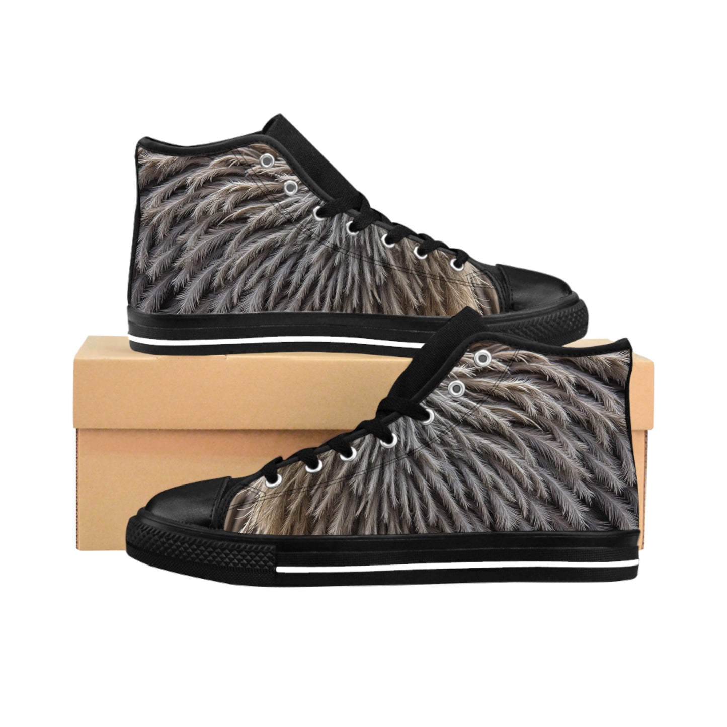 Fuzzy Feather Print Sneakers, Ostrich Feet Stylish High Tops for Casual Wear, Unique Footwear Gifts, Trendy Animal Print Shoes, Cozy Sneaker Vibes