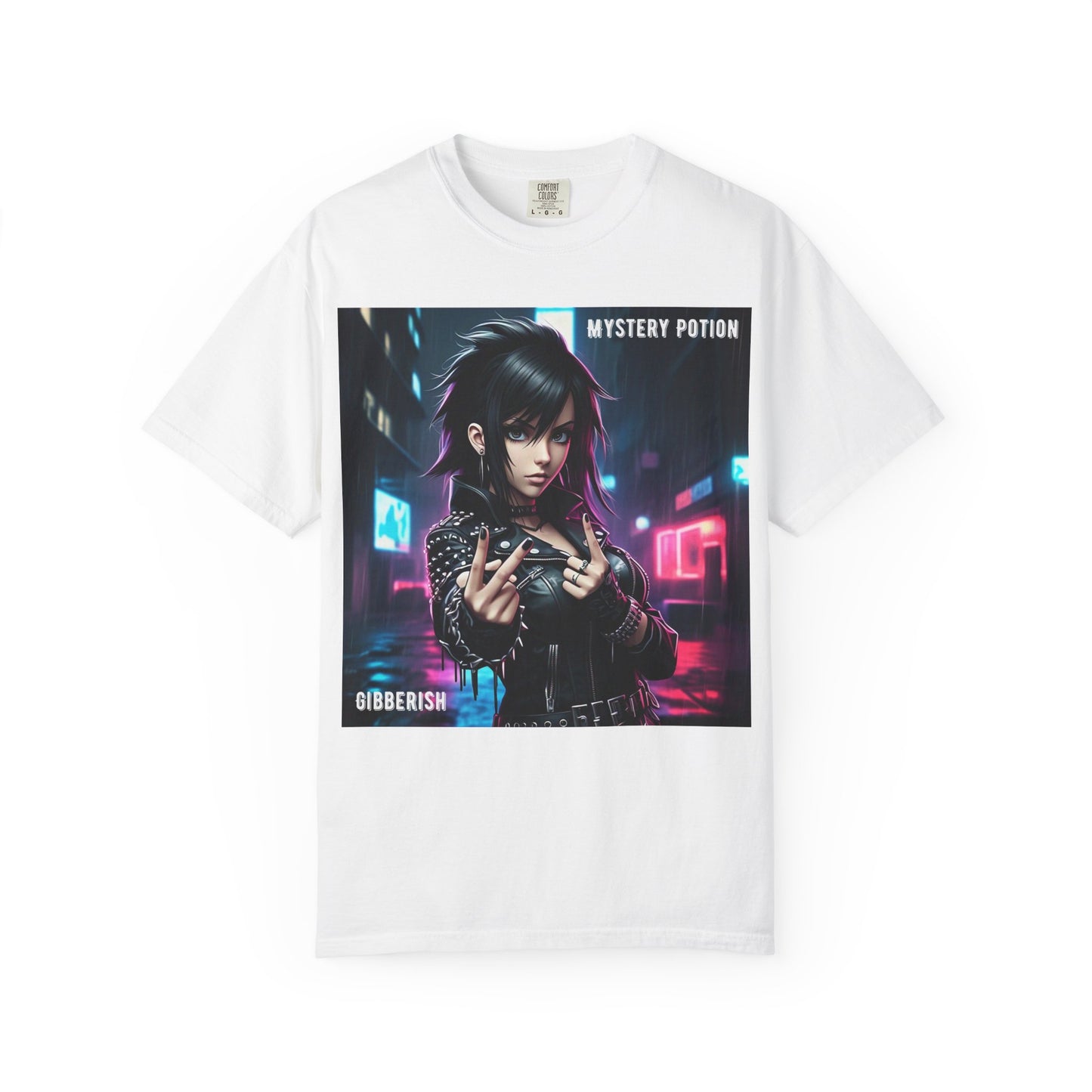 'Gibberish' by Mystery Potion, Cyberpunk Manga Graphic T-Shirt, Edgy Streetwear, Unisex Tee, Vintage Look, Gaming Style, Art Lover Gift