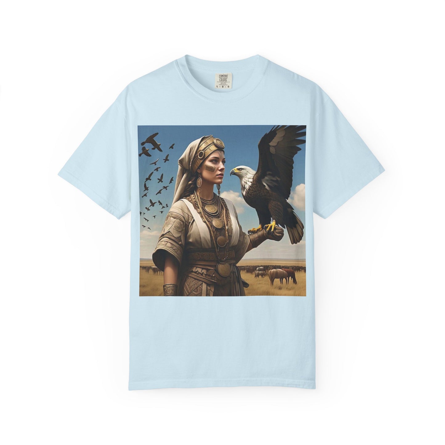 Empowered Eagle and Scythian Woman T-Shirt, Unisex Garment-Dyed Tee, Nature Lover Shirt, Gift for Bird Enthusiasts, Unique Graphic Tee