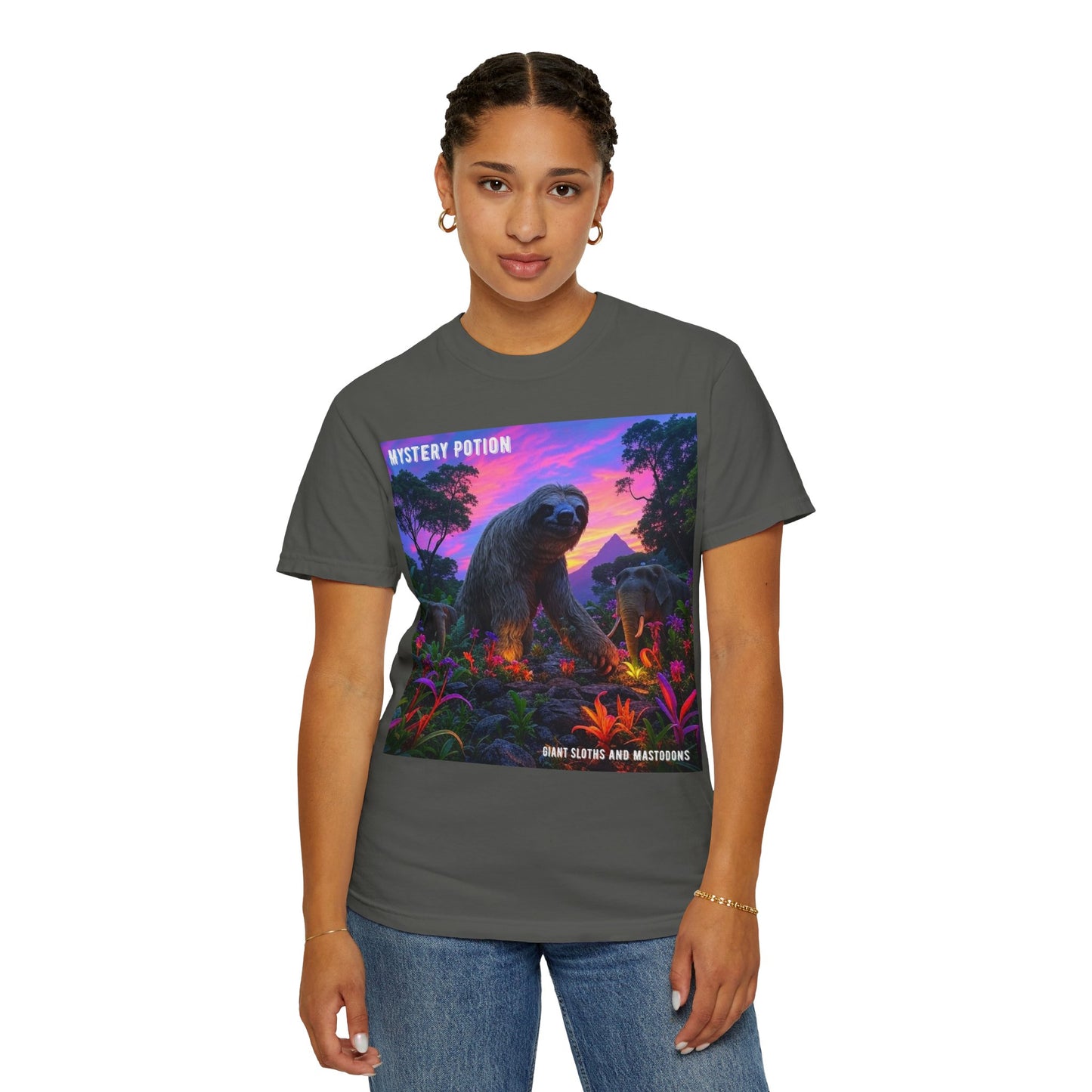 Mystery Potion's Giant Sloths and Mastodons Graphic T-Shirt | Unisex Garment-Dyed Tee for Nature Lovers, Unique Gift, Festival Wear, Prehistoric Design
