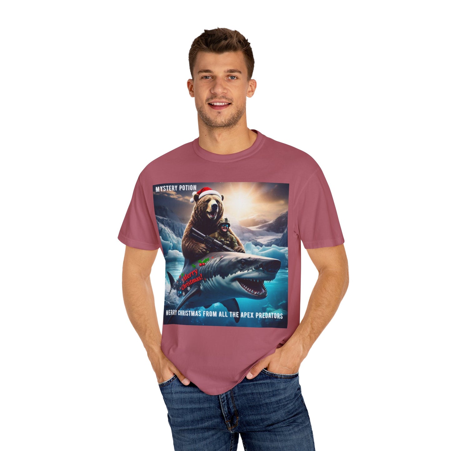 X-mas Humor T-Shirt "Merry Christmas from All the Apex Predators", Unisex Garment-Dyed Tee, Funny Holiday Shirt, Gift for Friends, Outdoor Adventure Wear, Novelty Apparel