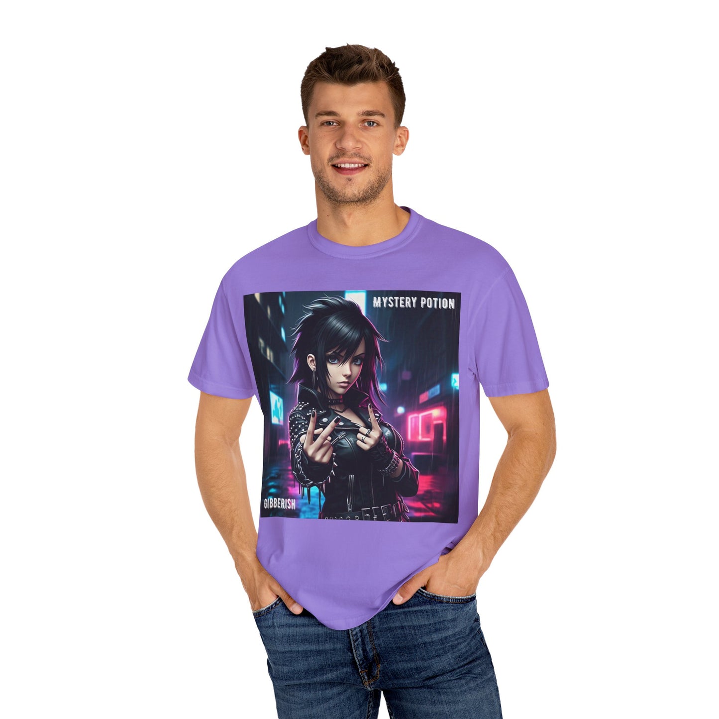'Gibberish' by Mystery Potion, Cyberpunk Manga Graphic T-Shirt, Edgy Streetwear, Unisex Tee, Vintage Look, Gaming Style, Art Lover Gift